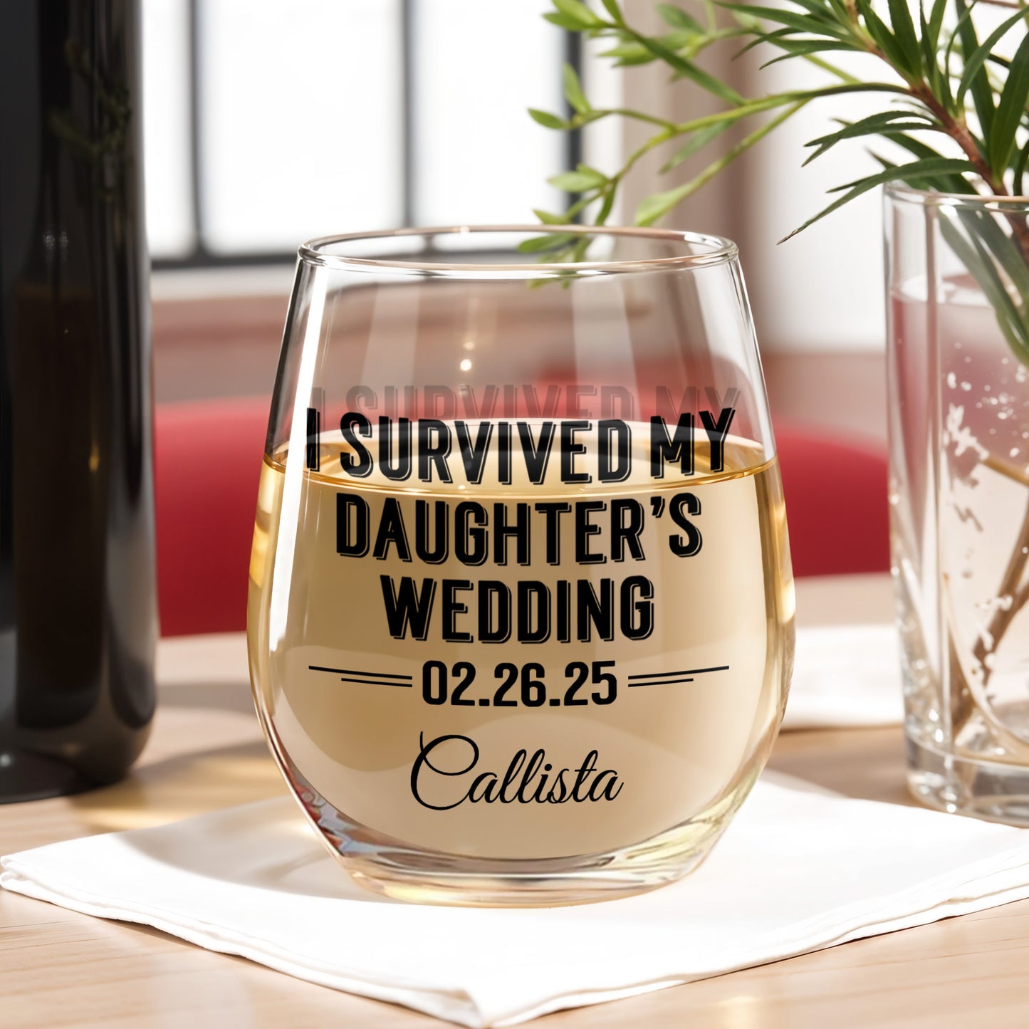 I Survived My Daughter's Wedding Commemorative Glass - Personalized Stemless Wine Glass - MOM057_WIGL