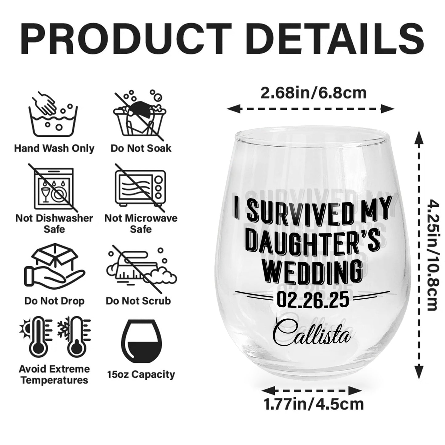 I Survived My Daughter's Wedding Commemorative Glass - Personalized Stemless Wine Glass - MOM057_WIGL
