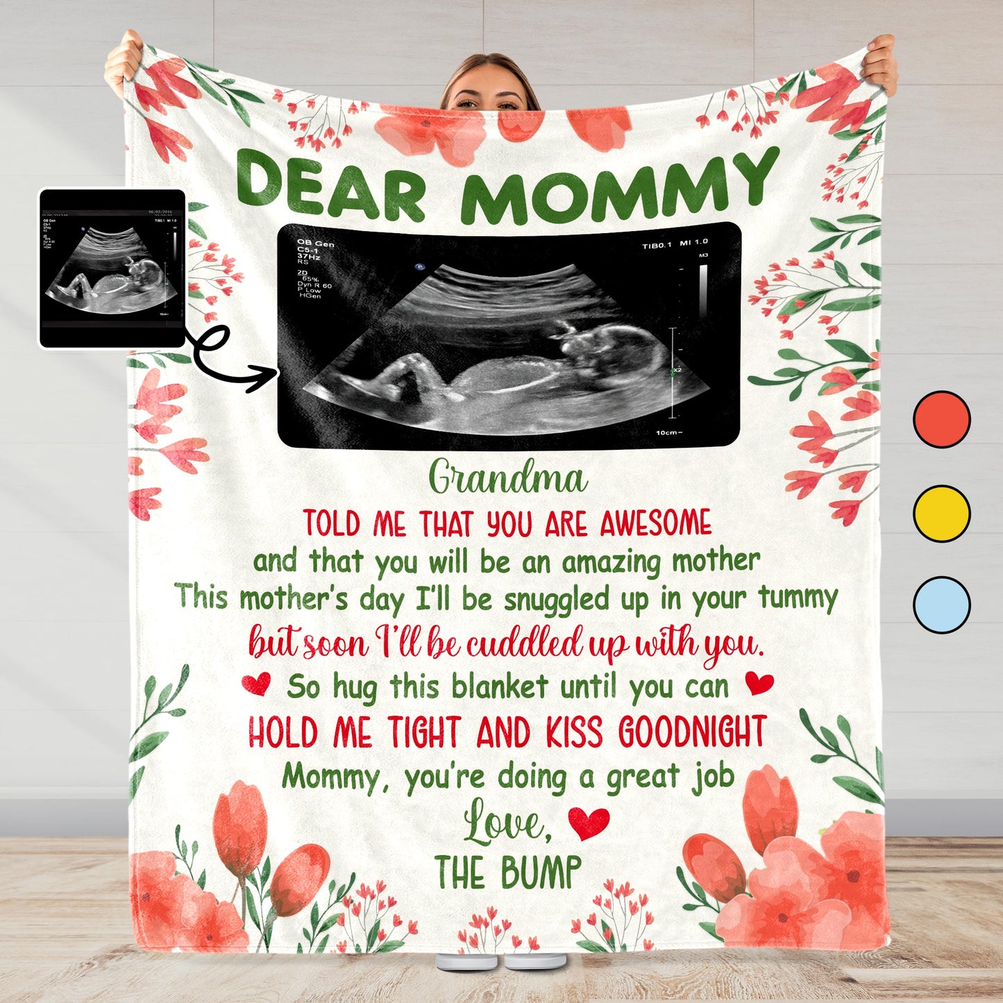 Dear Mommy, Flowers And Ultrasound Image On A Custom Blanket