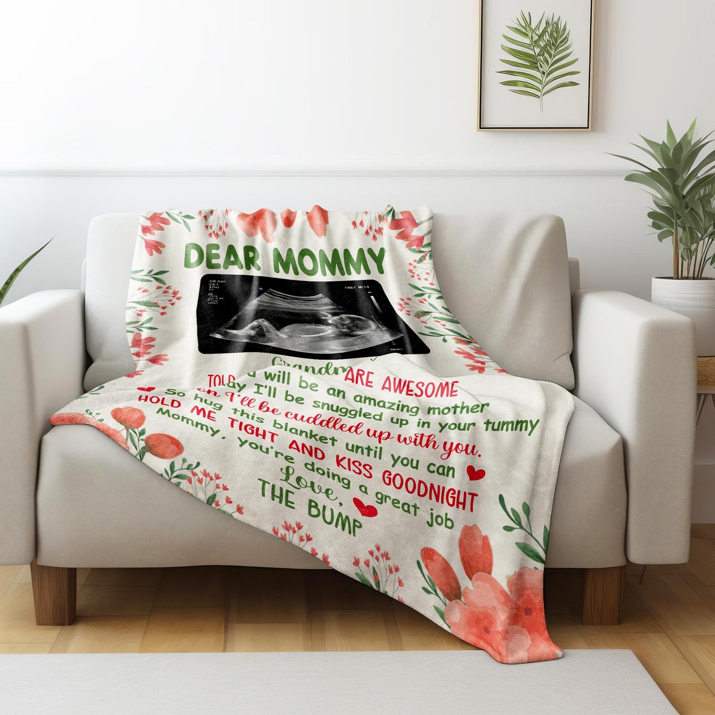 Dear Mommy, Flowers And Ultrasound Image On A Custom Blanket