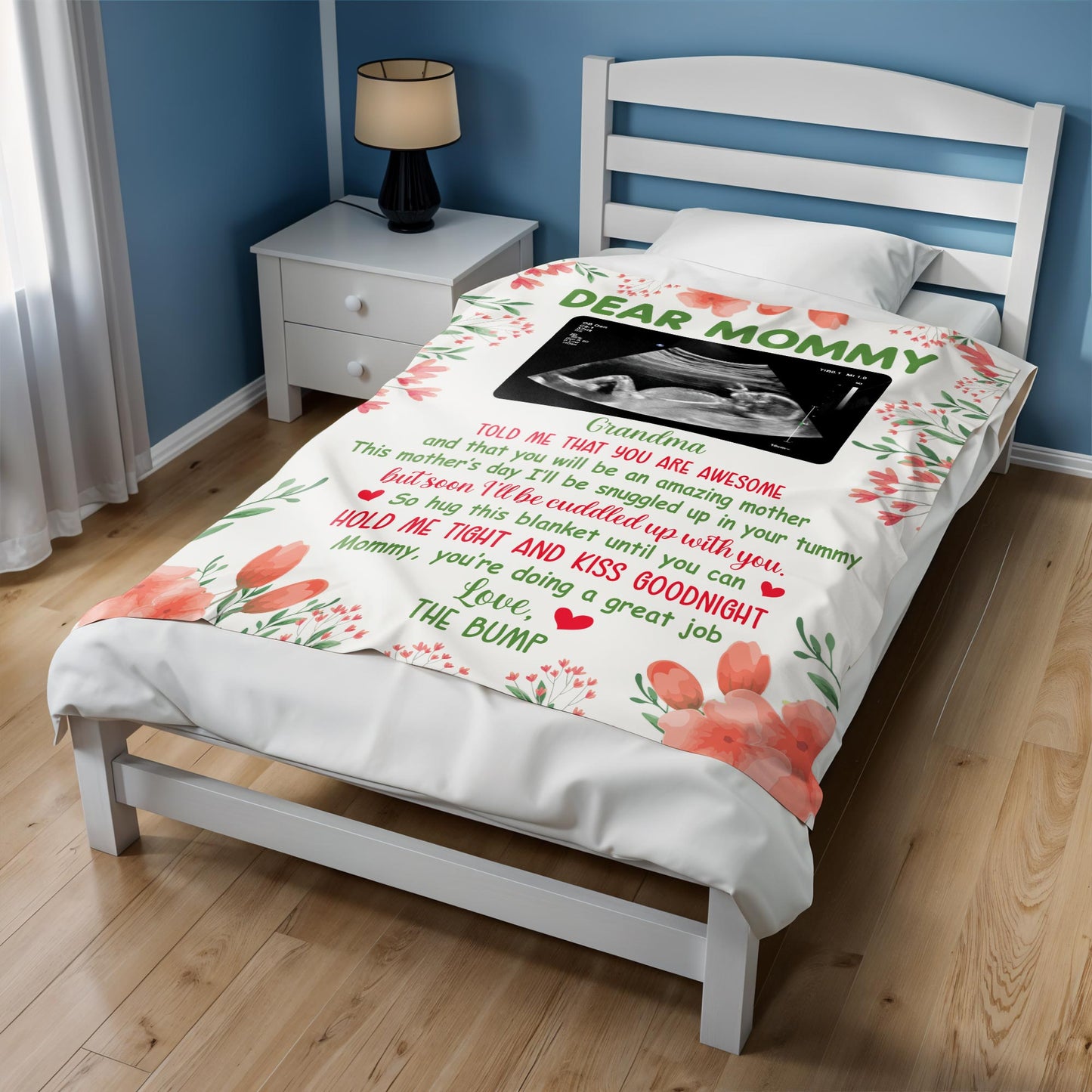 Dear Mommy, Flowers And Ultrasound Image On A Custom Blanket