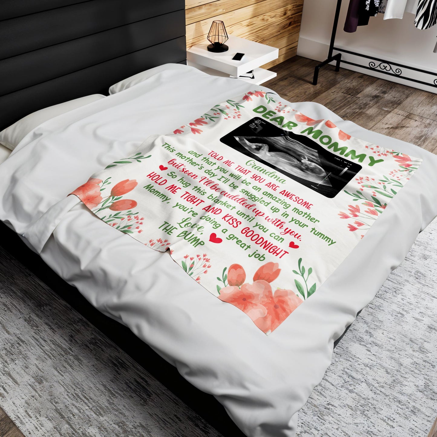 Dear Mommy, Flowers And Ultrasound Image On A Custom Blanket