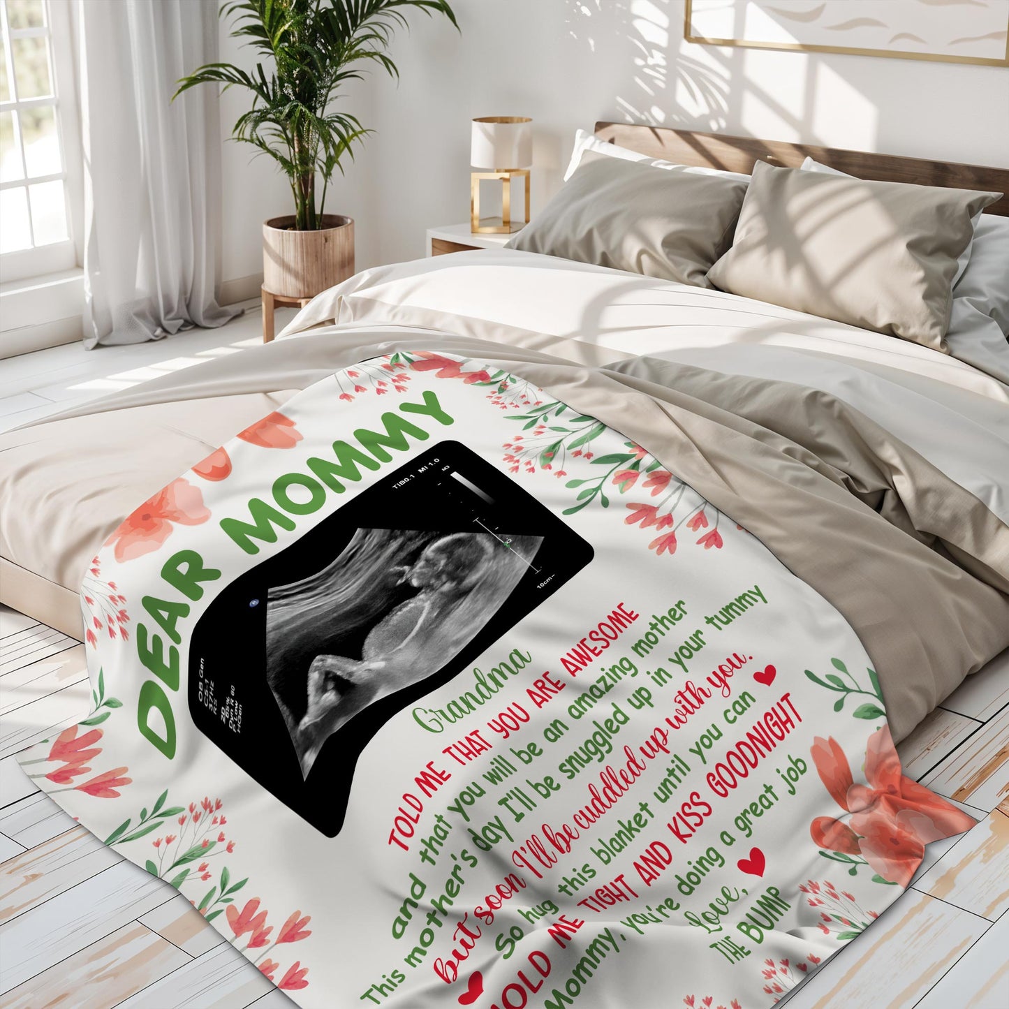 Dear Mommy, Flowers And Ultrasound Image On A Custom Blanket