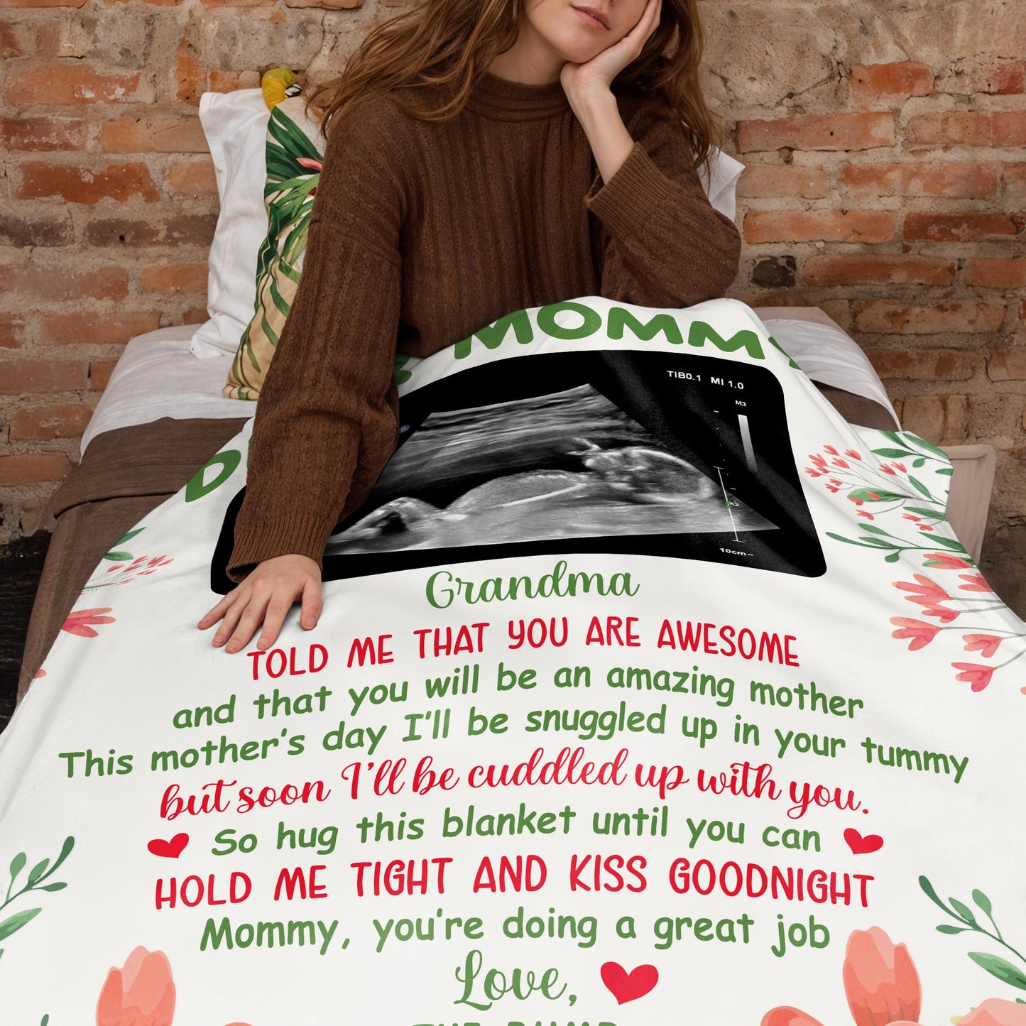 Dear Mommy, Flowers And Ultrasound Image On A Custom Blanket