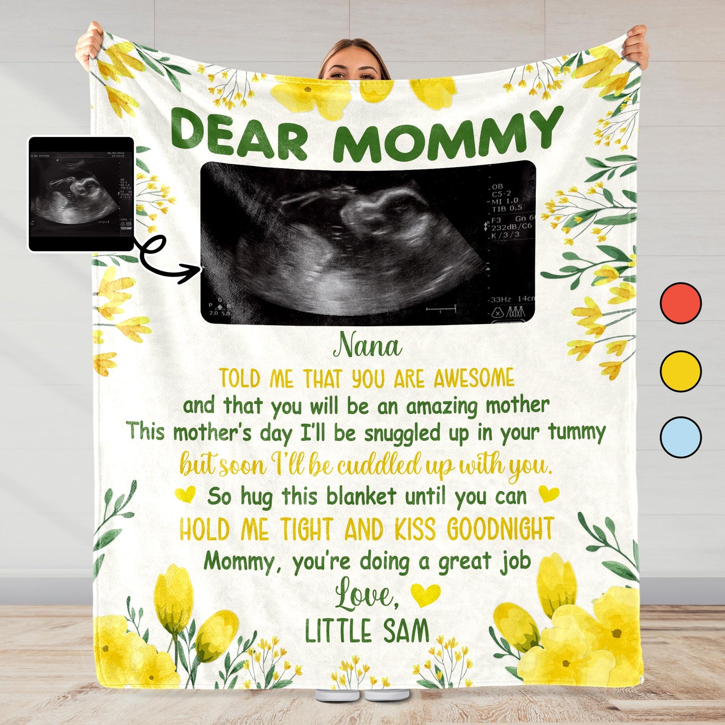 Dear Mommy, Flowers And Ultrasound Image On A Custom Blanket