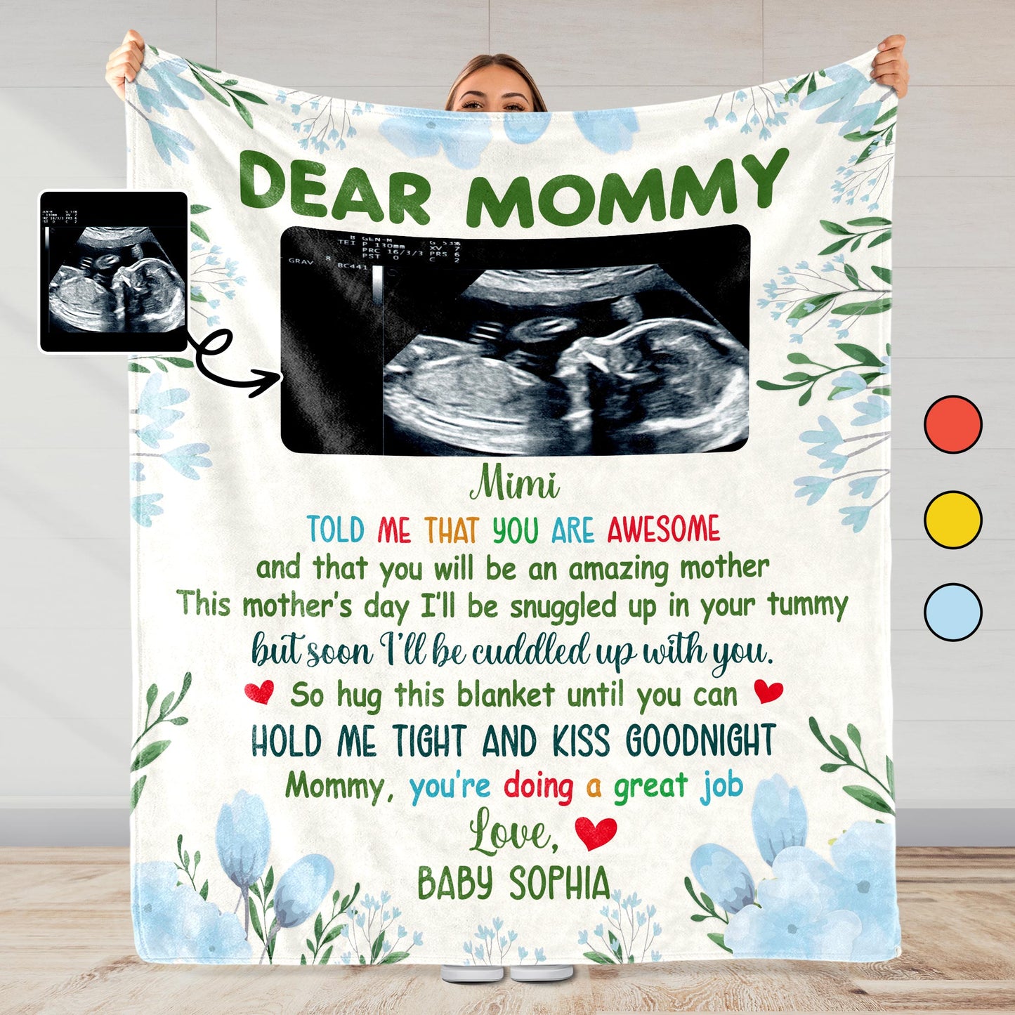 Dear Mommy, Flowers And Ultrasound Image On A Custom Blanket