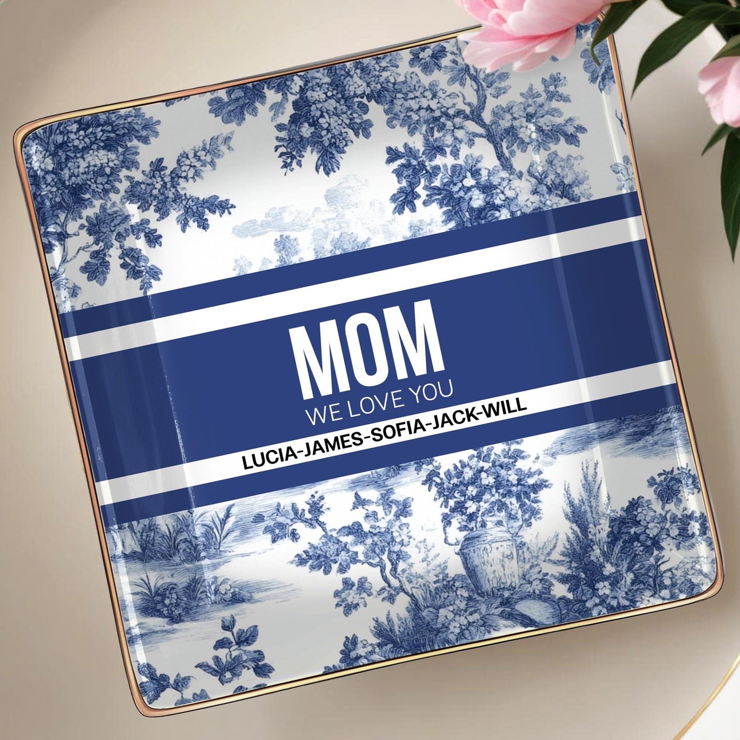 MOM We Love You, Ceramic Dish With Blue Floral Design