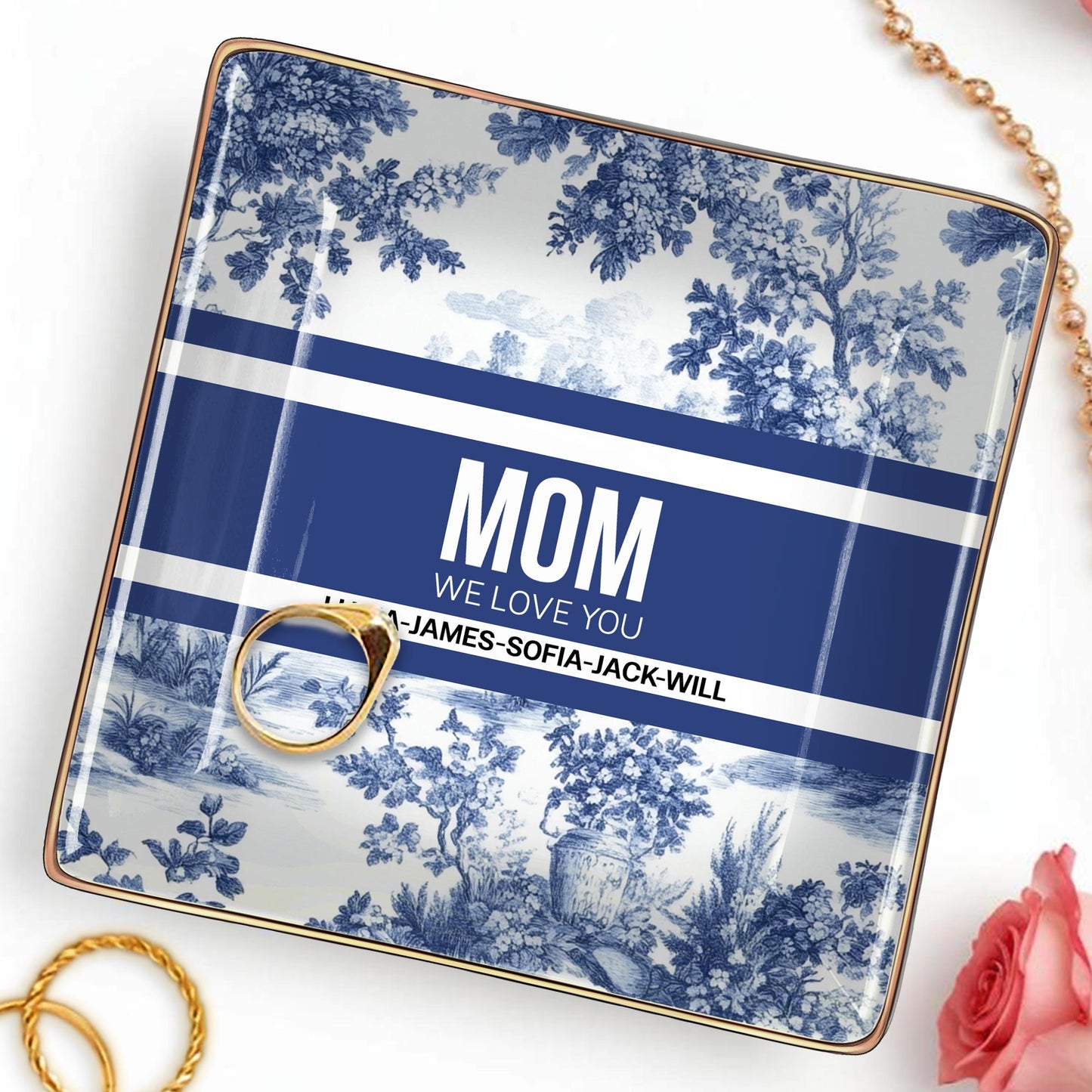 MOM We Love You, Ceramic Dish With Blue Floral Design