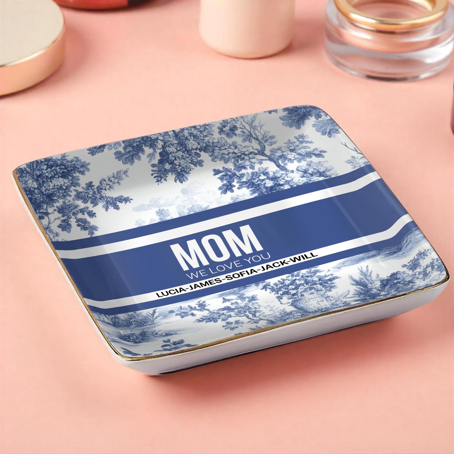 MOM We Love You, Ceramic Dish With Blue Floral Design