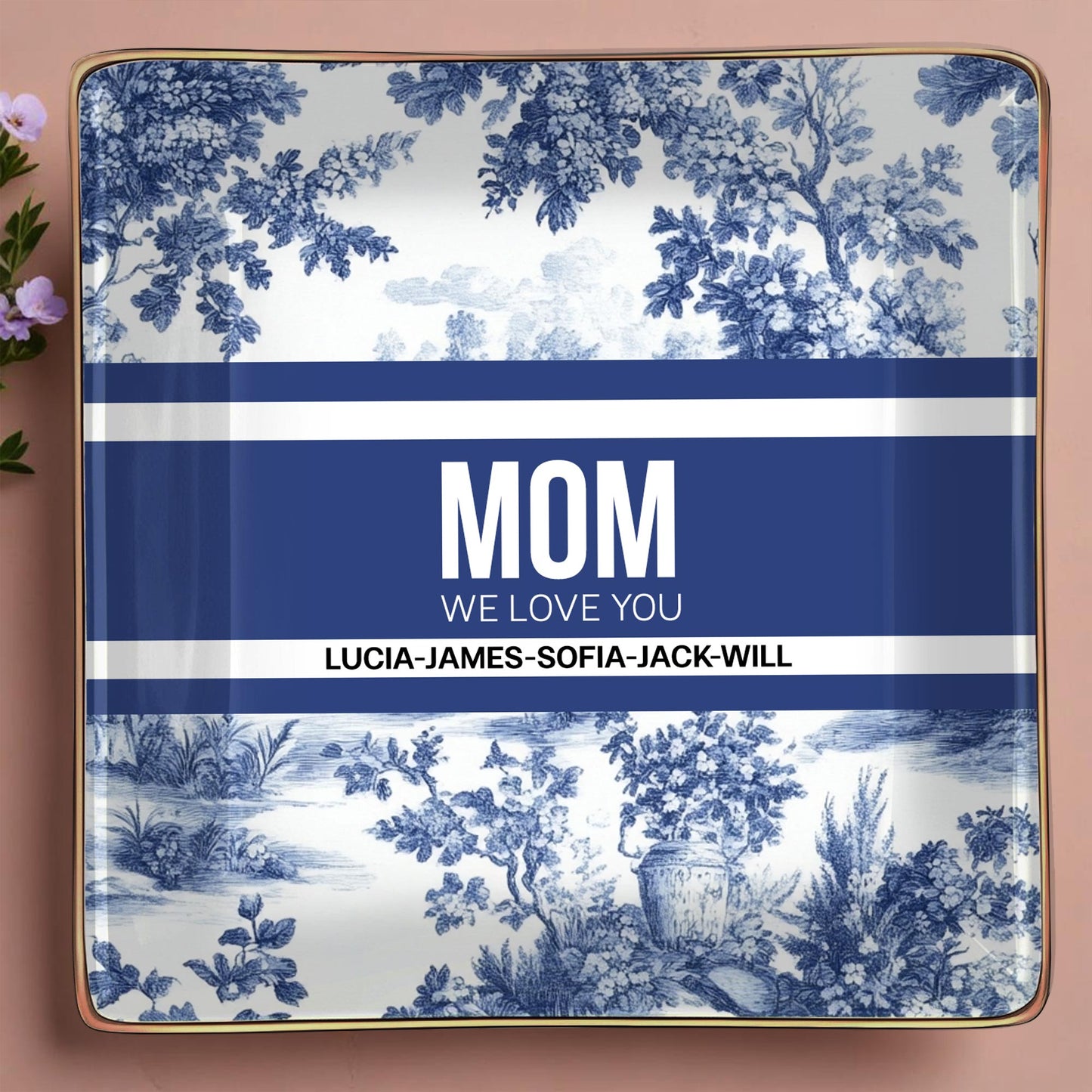 MOM We Love You, Ceramic Dish With Blue Floral Design