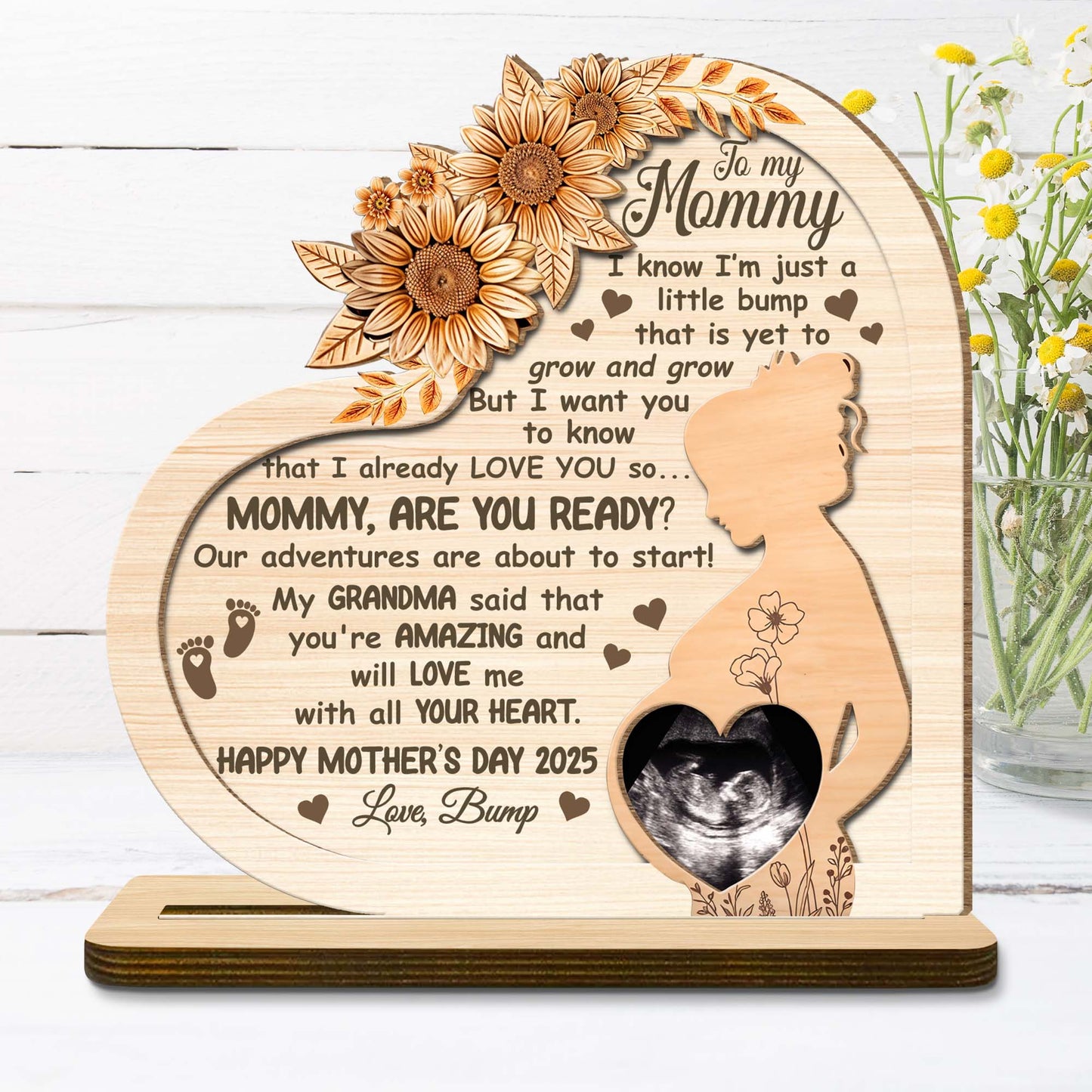 To My Mommy, Mother's Day Custom Wood Plaque, Flowers, Pregnant Woman Profile - Personalized Custom 2-Layer Wood Plaque With Flat Base - MOM080_WPLA