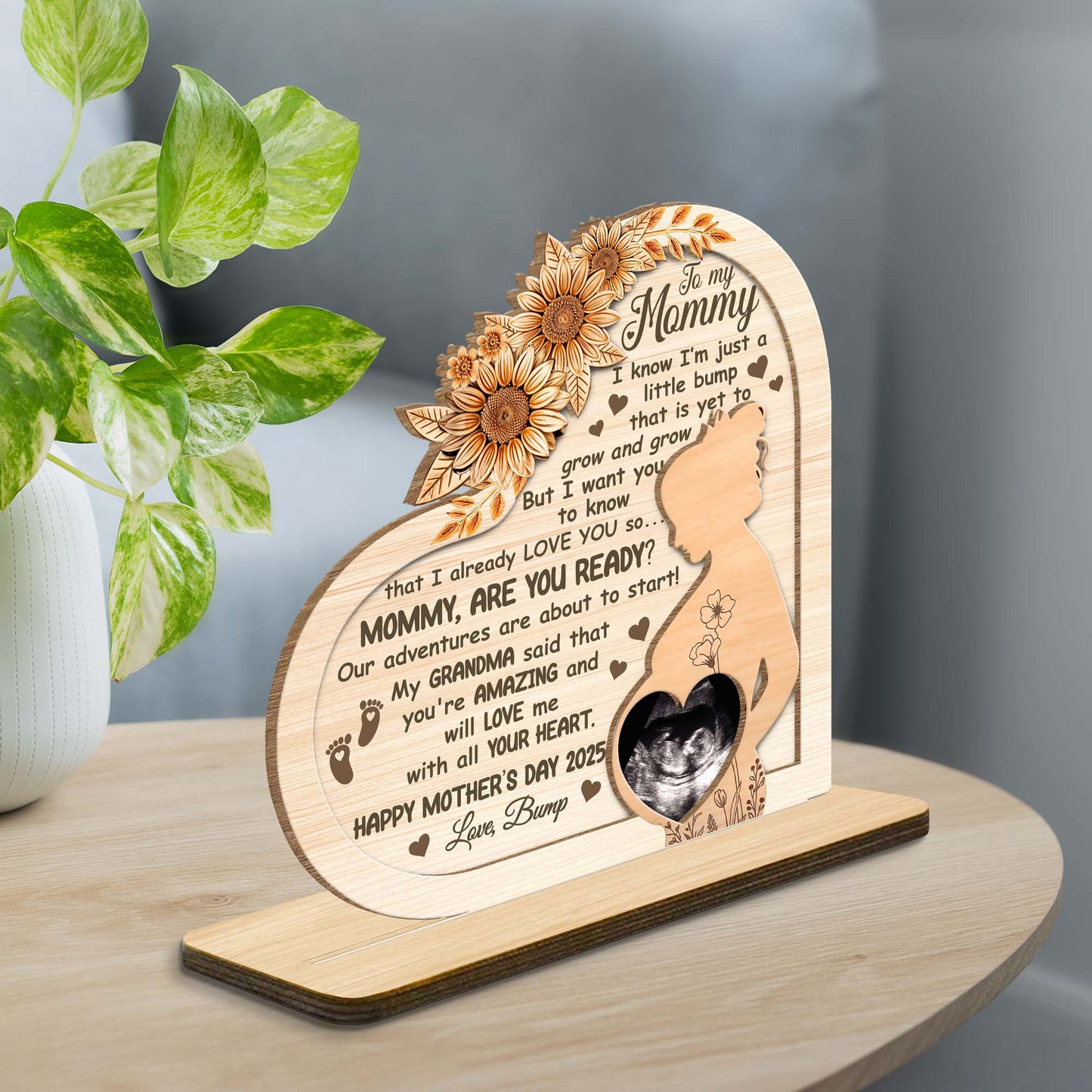 To My Mommy, Mother's Day Custom Wood Plaque, Flowers, Pregnant Woman Profile - Personalized Custom 2-Layer Wood Plaque With Flat Base - MOM080_WPLA