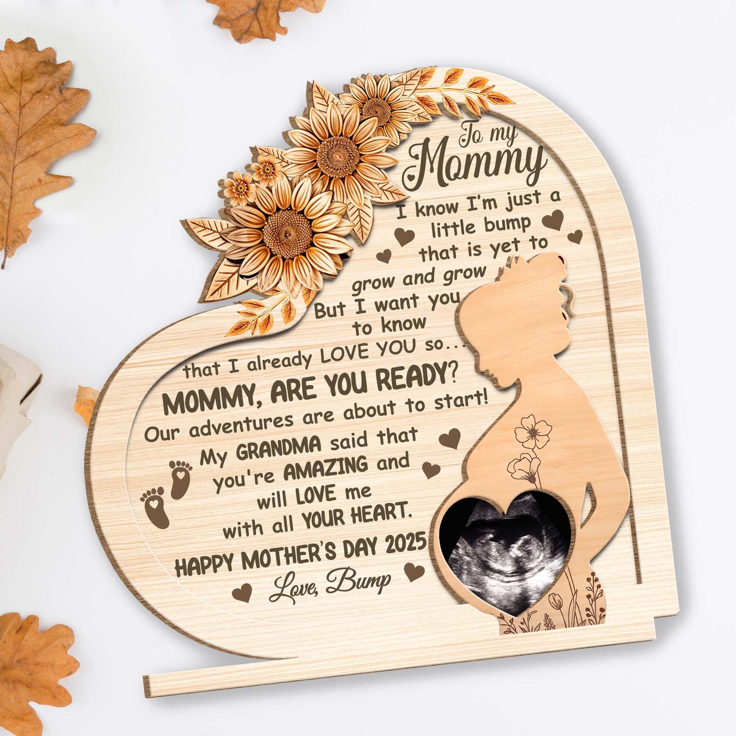 To My Mommy, Mother's Day Custom Wood Plaque, Flowers, Pregnant Woman Profile - Personalized Custom 2-Layer Wood Plaque With Flat Base - MOM080_WPLA