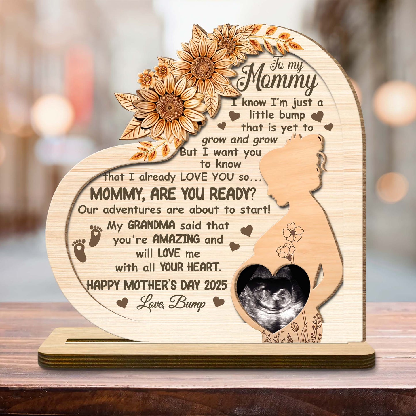 To My Mommy, Mother's Day Custom Wood Plaque, Flowers, Pregnant Woman Profile - Personalized Custom 2-Layer Wood Plaque With Flat Base - MOM080_WPLA