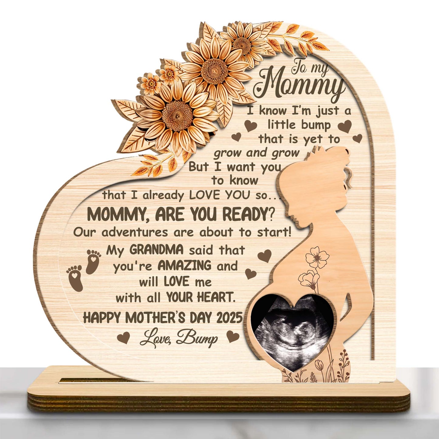 To My Mommy, Mother's Day Custom Wood Plaque, Flowers, Pregnant Woman Profile - Personalized Custom 2-Layer Wood Plaque With Flat Base - MOM080_WPLA