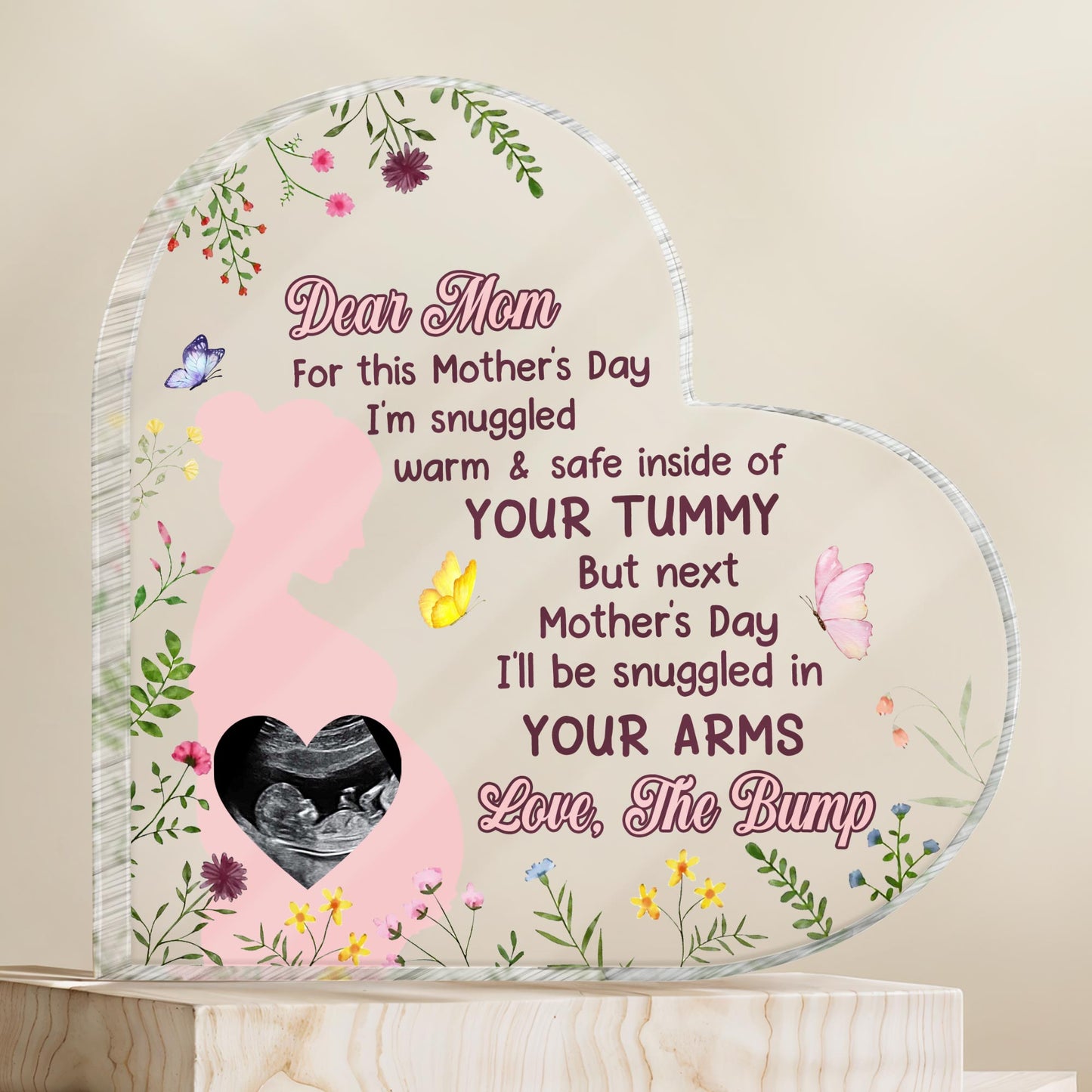 Dear Mom, For This Mother's Day I'm Snuggled Warm & Safe, Silhouette Of Pregnant Woman, Flowers and Ultrasound Image