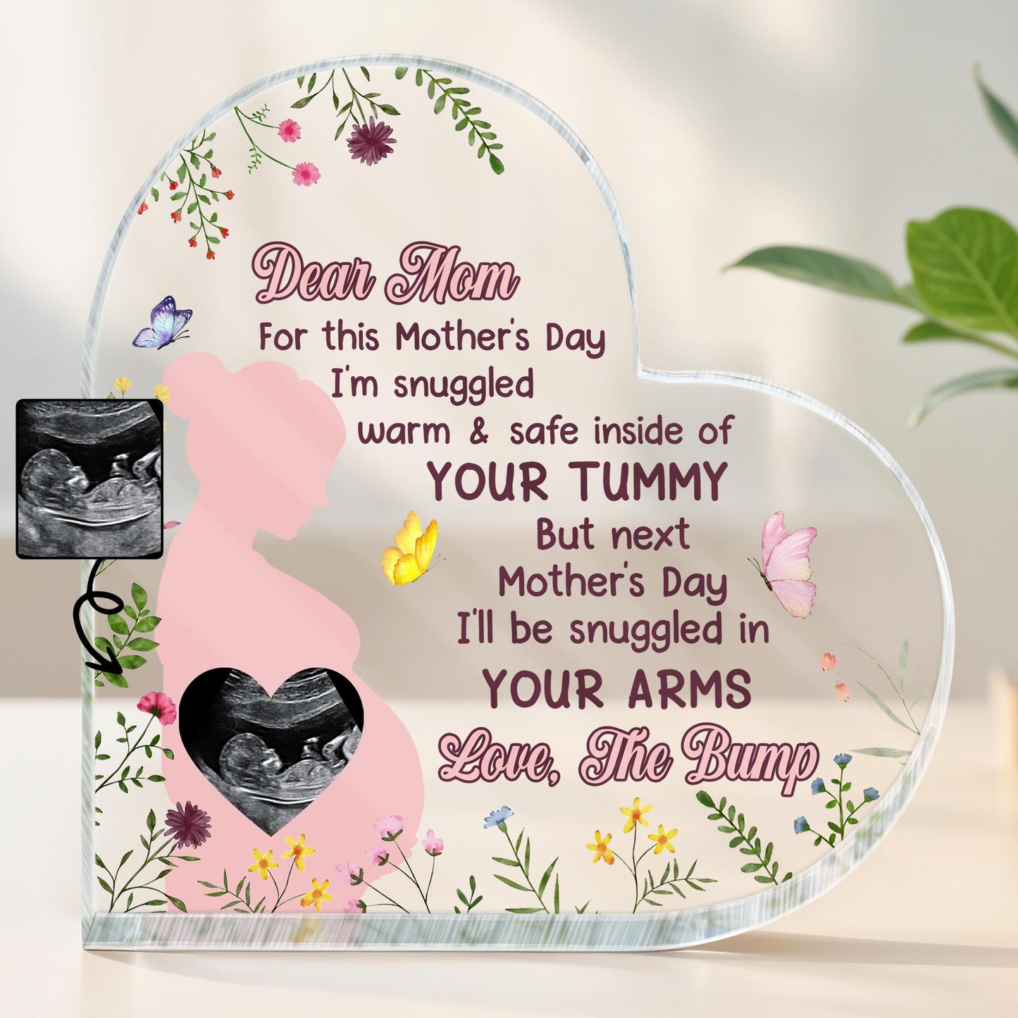 Dear Mom, For This Mother's Day I'm Snuggled Warm & Safe, Silhouette Of Pregnant Woman, Flowers and Ultrasound Image