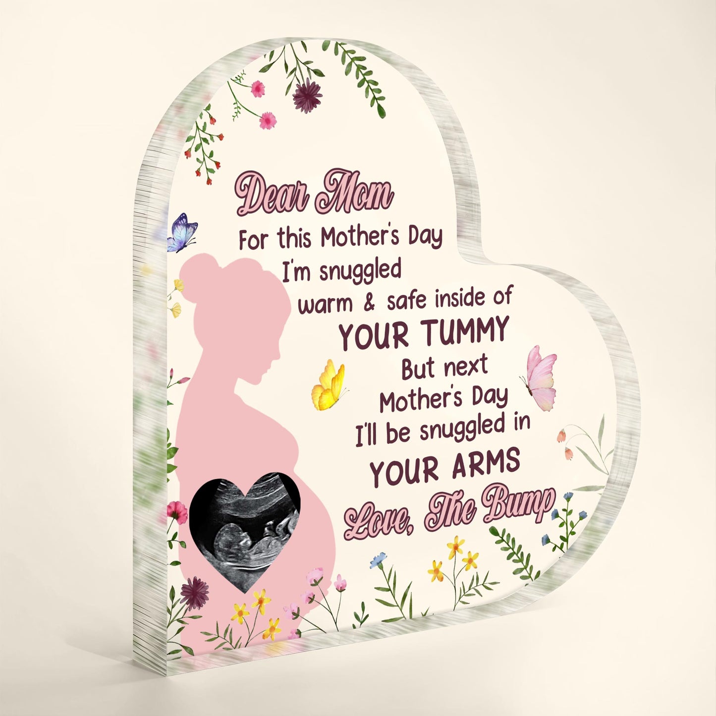 Dear Mom, For This Mother's Day I'm Snuggled Warm & Safe, Silhouette Of Pregnant Woman, Flowers and Ultrasound Image
