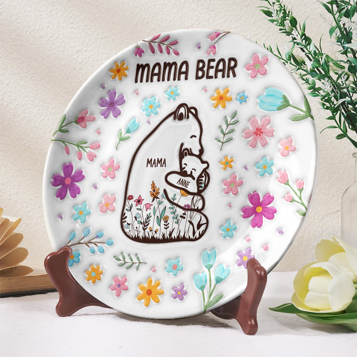 Mama Bear Ceramic Plate With Flowers