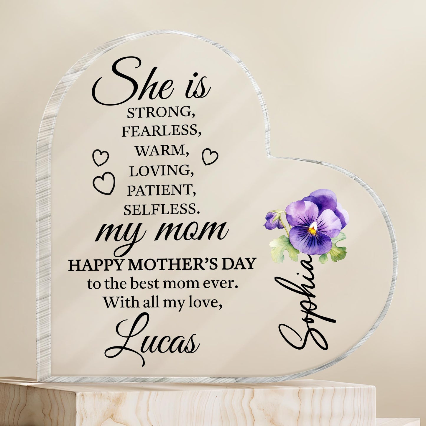 She Is Strong, Fearless, Warm, Loving, My Mom, Heart And Flowers - Personalized Heart Shaped Acrylic Plaque - MOM089_HAP