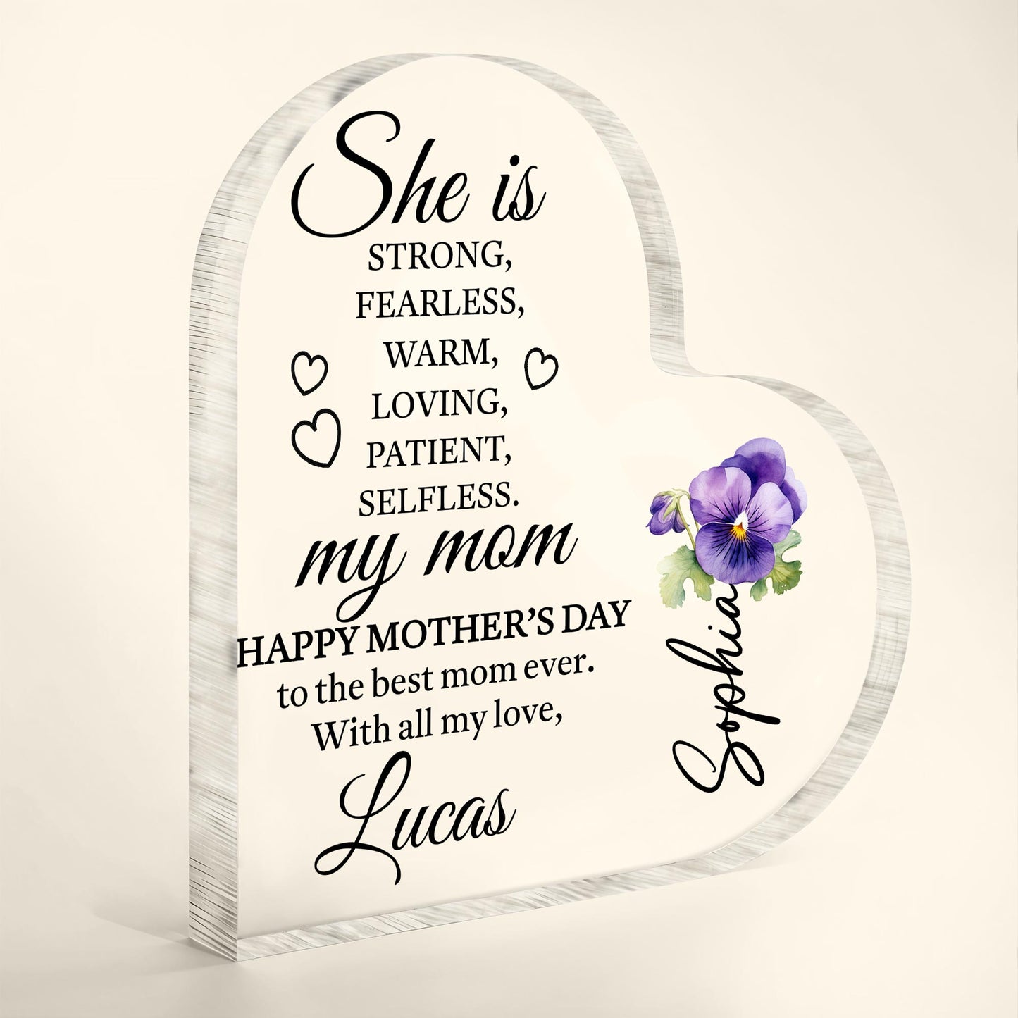 She Is Strong, Fearless, Warm, Loving, My Mom, Heart And Flowers - Personalized Heart Shaped Acrylic Plaque - MOM089_HAP