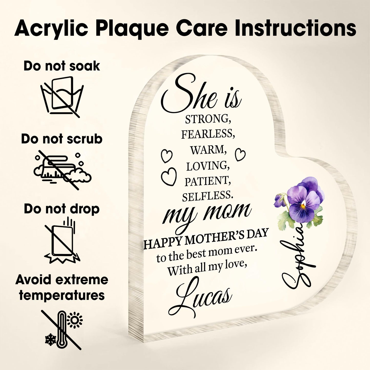 She Is Strong, Fearless, Warm, Loving, My Mom, Heart And Flowers - Personalized Heart Shaped Acrylic Plaque - MOM089_HAP