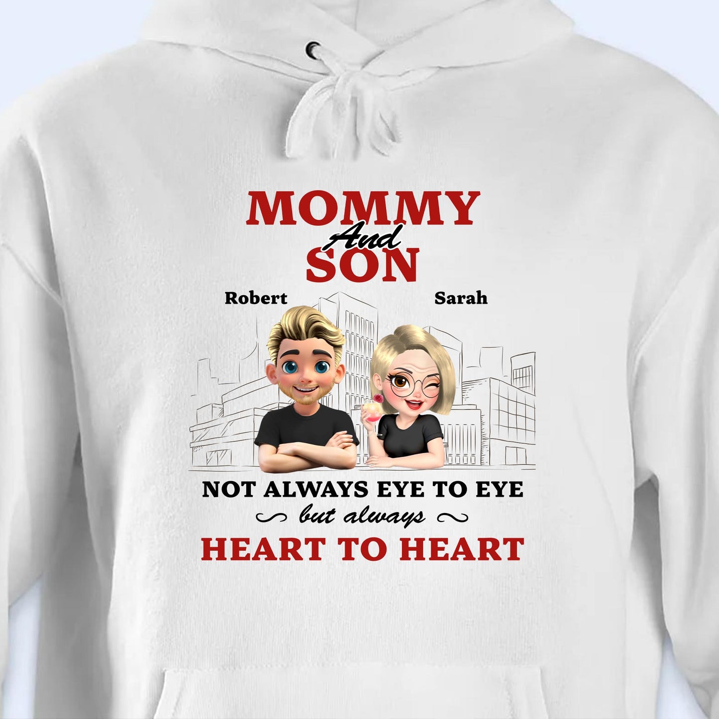 Mommy And Son Not Always Eye To Eye But Always Heart To Heart, Cartoon Characters And Cityscape