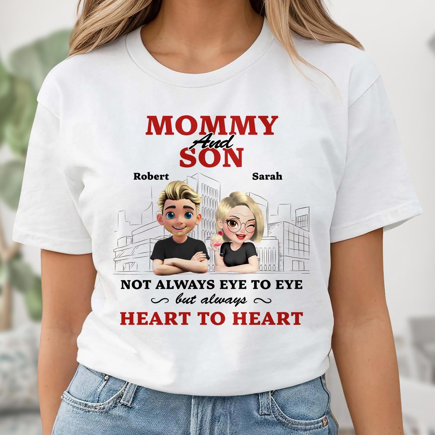 Mommy And Son Not Always Eye To Eye But Always Heart To Heart, Cartoon Characters And Cityscape