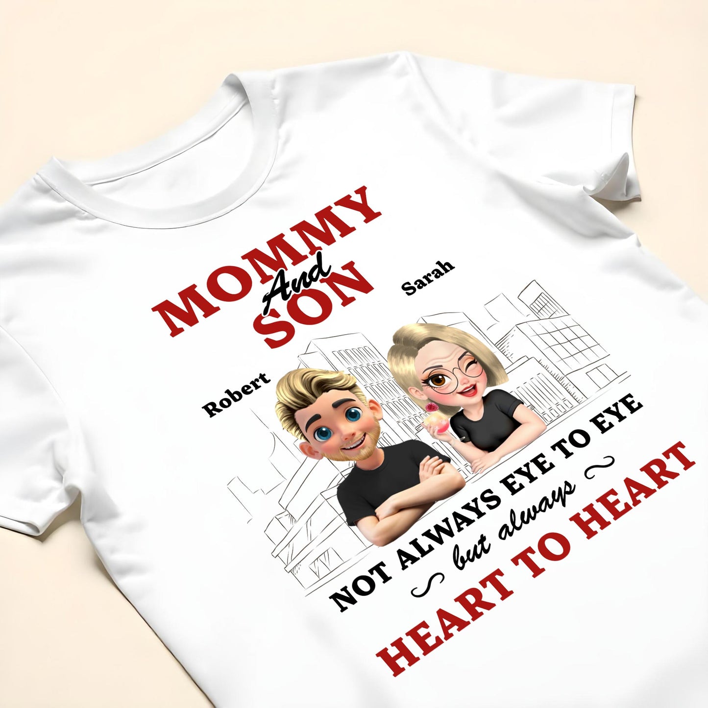 Mommy And Son Not Always Eye To Eye But Always Heart To Heart, Cartoon Characters And Cityscape