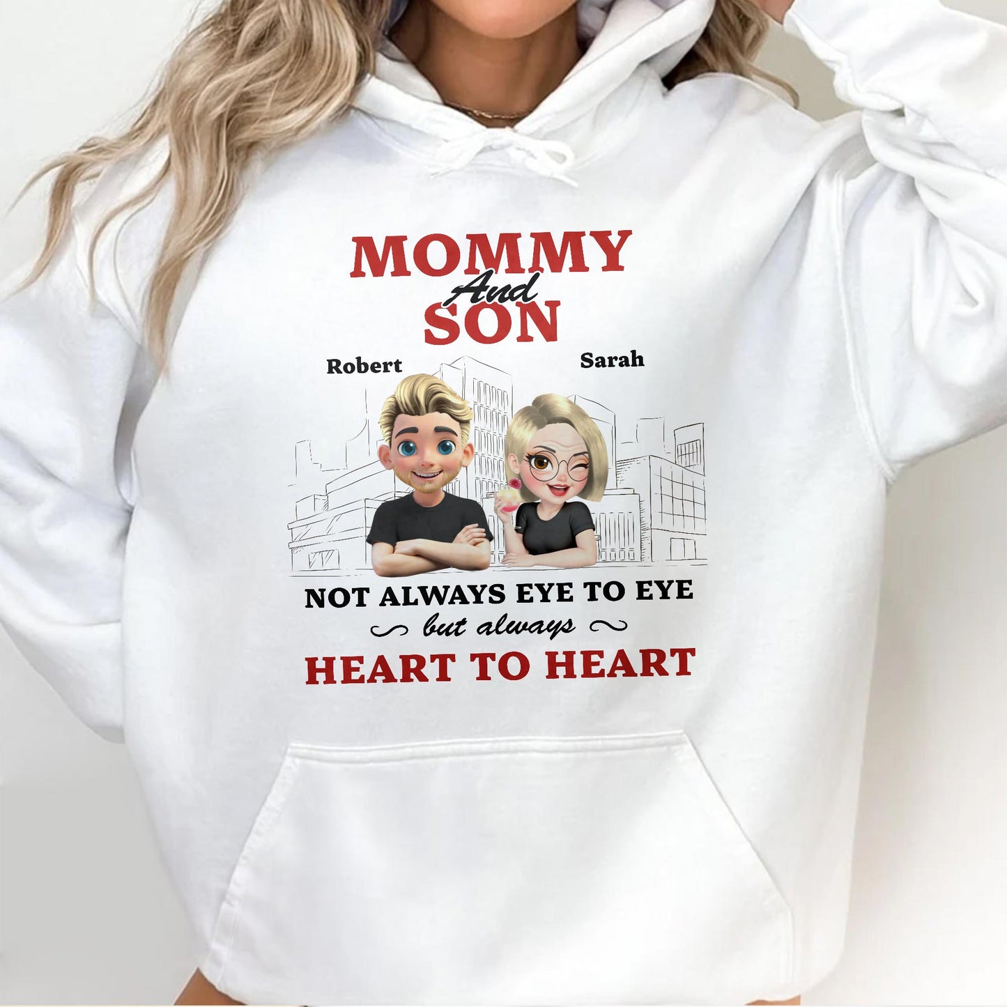 Mommy And Son Not Always Eye To Eye But Always Heart To Heart, Cartoon Characters And Cityscape