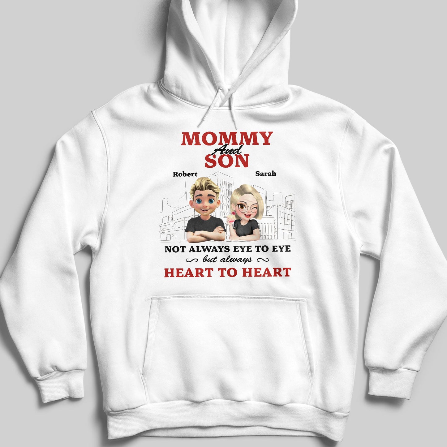 Mommy And Son Not Always Eye To Eye But Always Heart To Heart, Cartoon Characters And Cityscape