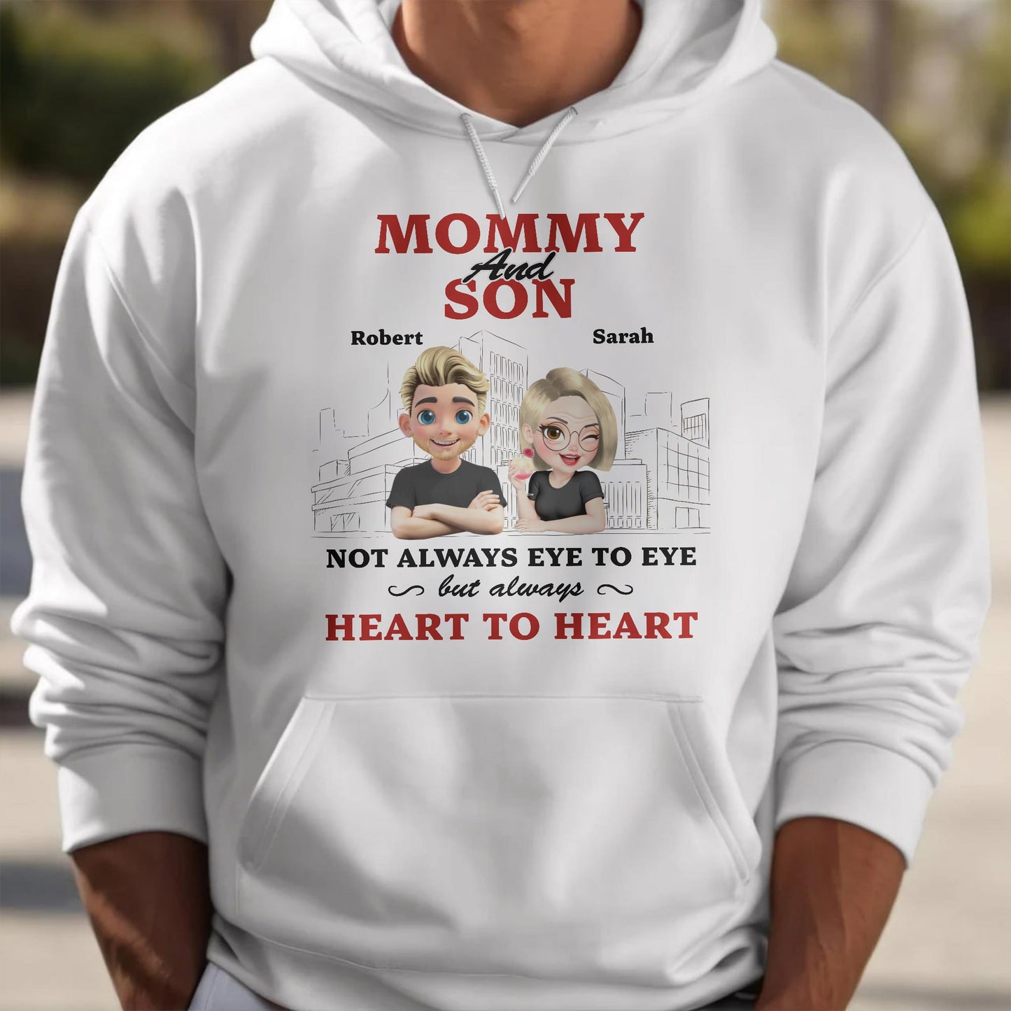 Mommy And Son Not Always Eye To Eye But Always Heart To Heart, Cartoon Characters And Cityscape