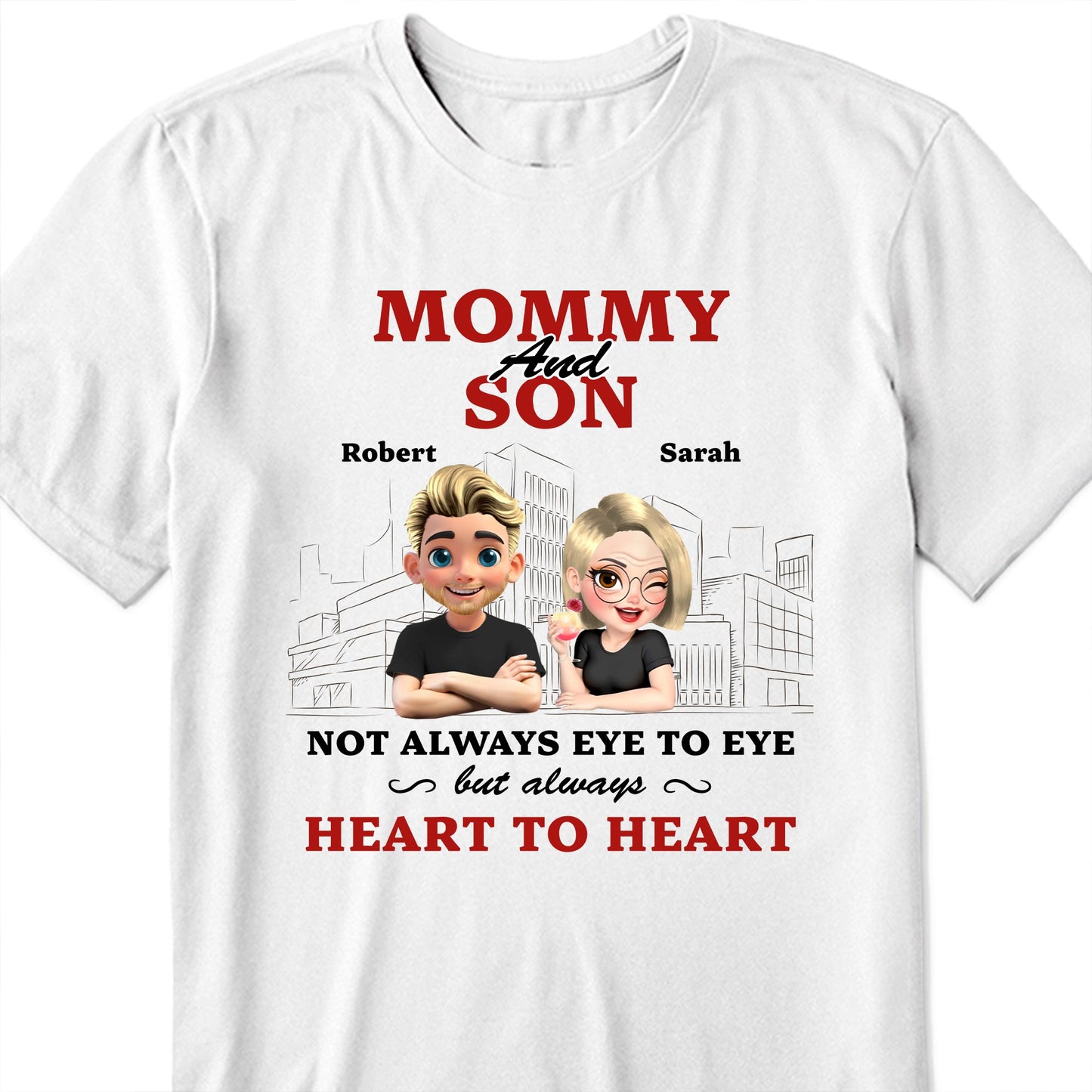 Mommy And Son Not Always Eye To Eye But Always Heart To Heart, Cartoon Characters And Cityscape