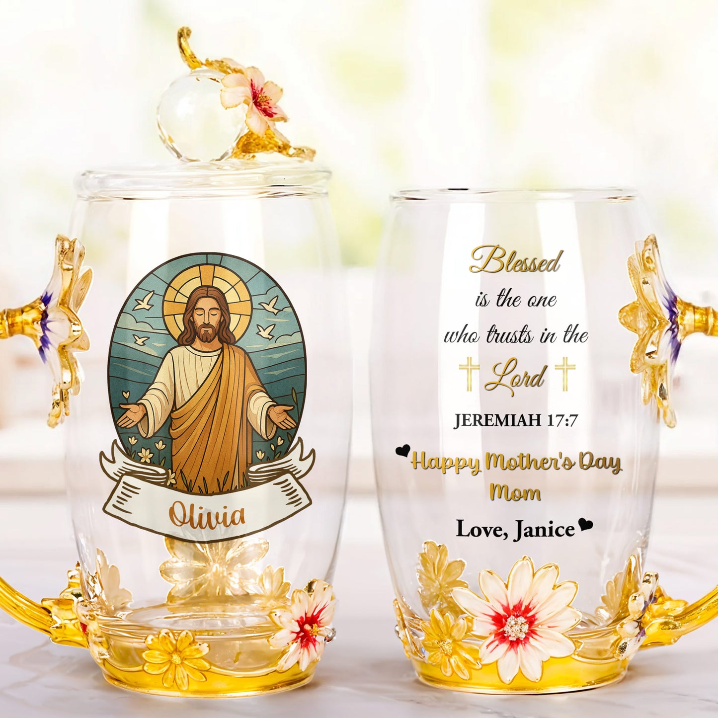 Brighten Your Day With A Customized Touch Of Faith And Floral Elegance, Jesus And Flowers - Personalized Enamel Flower Tea Cup - MOM099_TECU