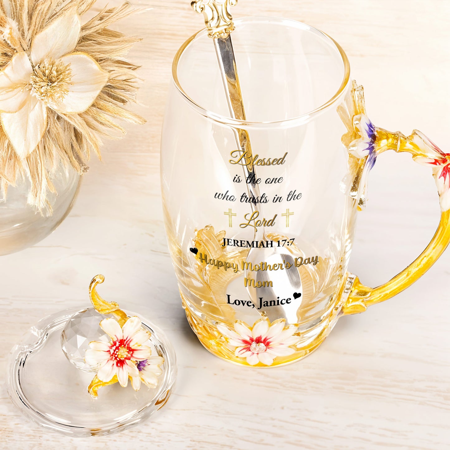Brighten Your Day With A Customized Touch Of Faith And Floral Elegance, Jesus And Flowers - Personalized Enamel Flower Tea Cup - MOM099_TECU