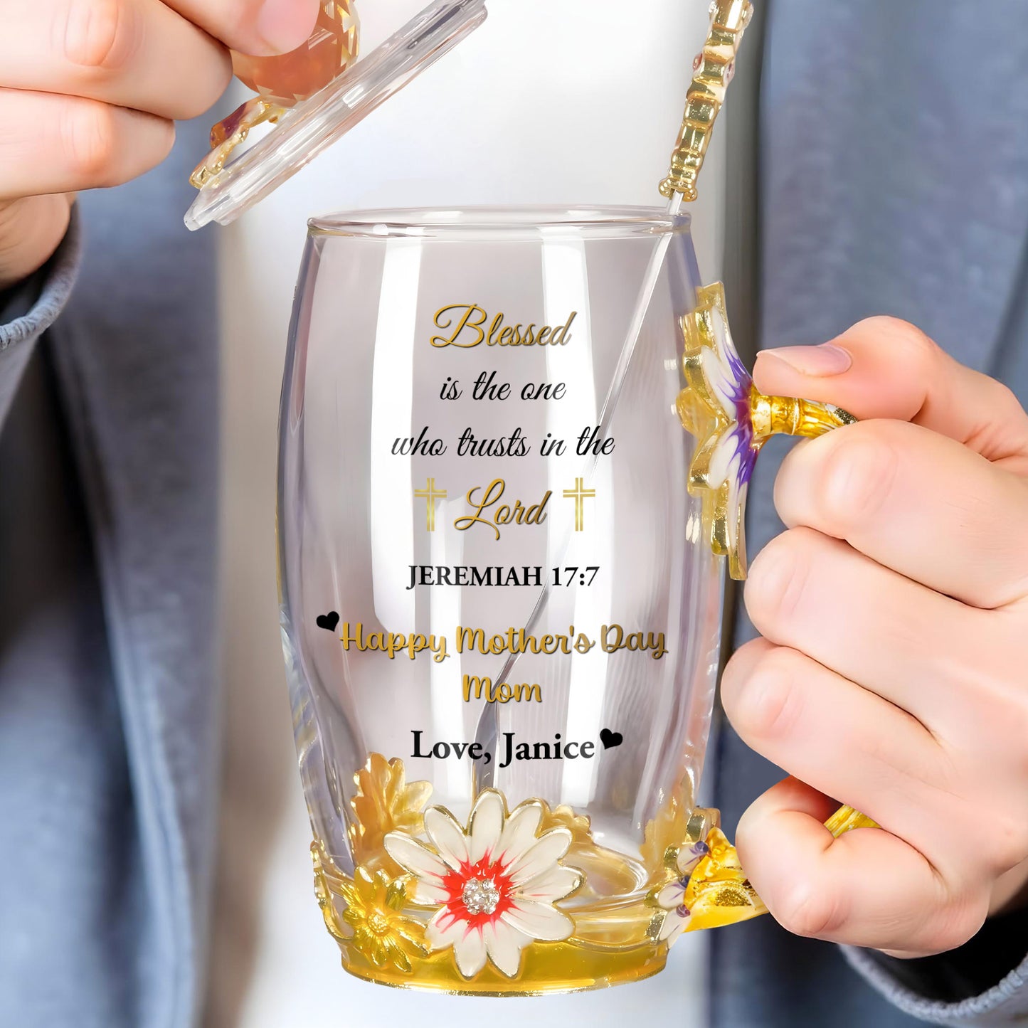 Brighten Your Day With A Customized Touch Of Faith And Floral Elegance, Jesus And Flowers - Personalized Enamel Flower Tea Cup - MOM099_TECU