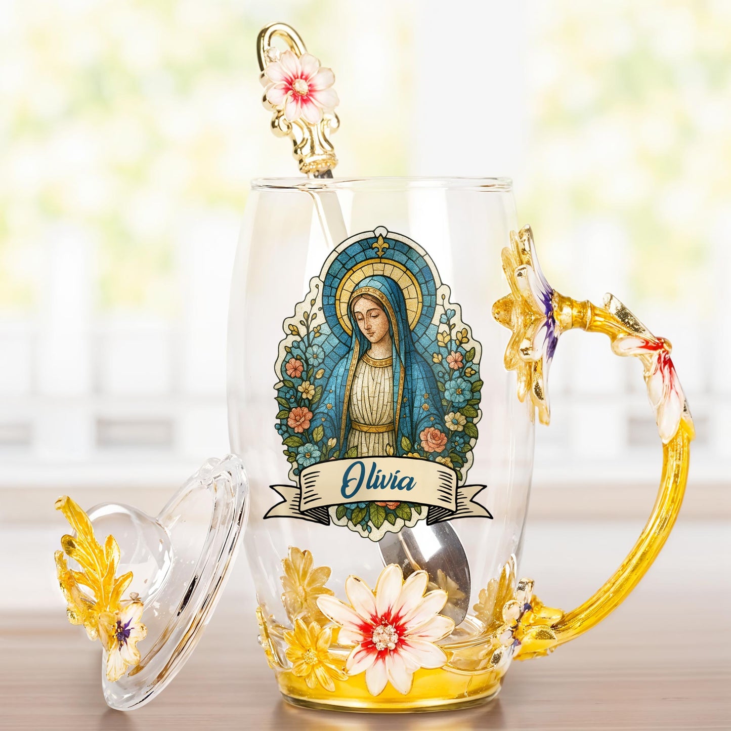 Beautiful Personalized Enamel Flower Tea Cup Featuring Virgin Mary and Floral Design