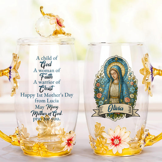 Beautiful Personalized Enamel Flower Tea Cup Featuring Virgin Mary and Floral Design
