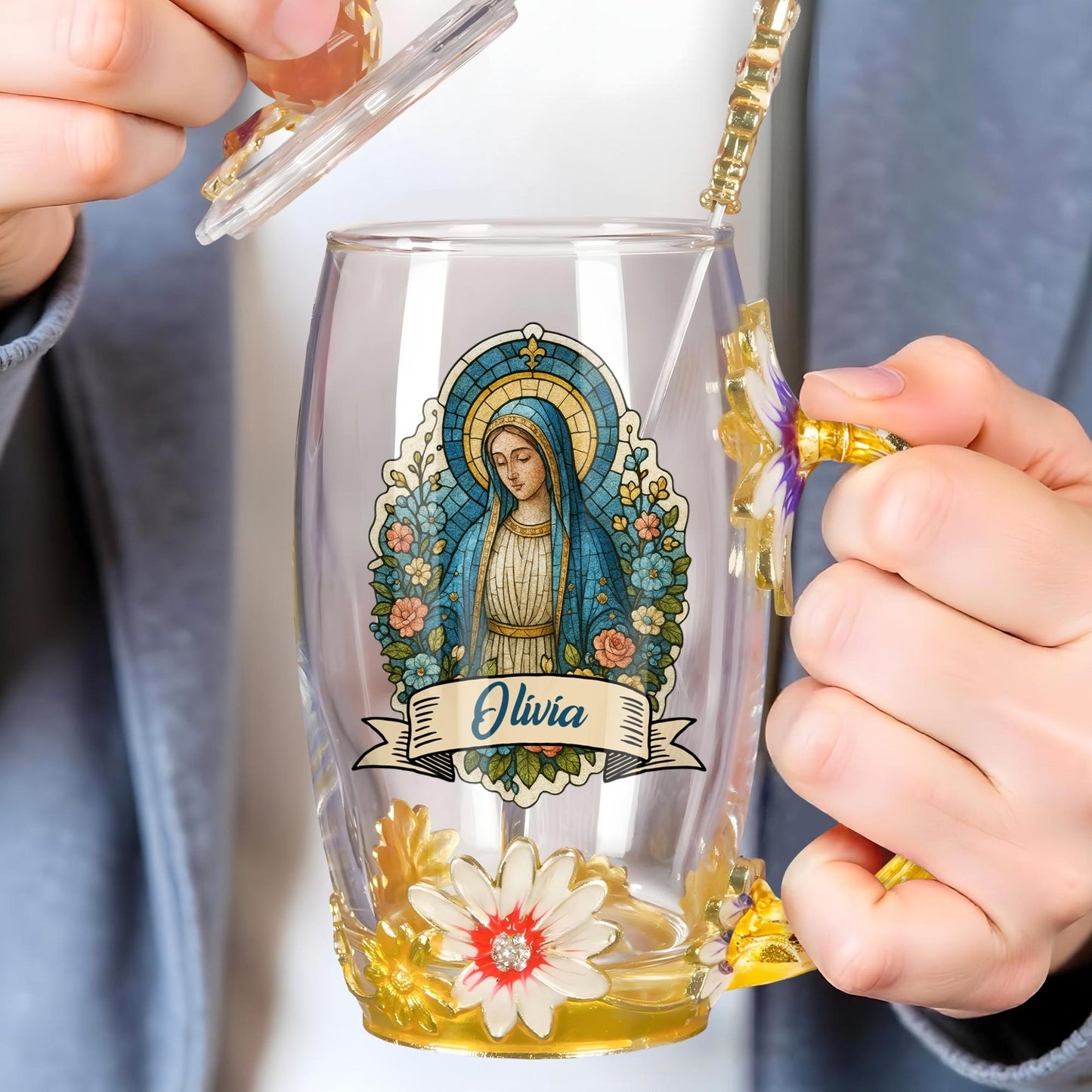 Beautiful Personalized Enamel Flower Tea Cup Featuring Virgin Mary and Floral Design