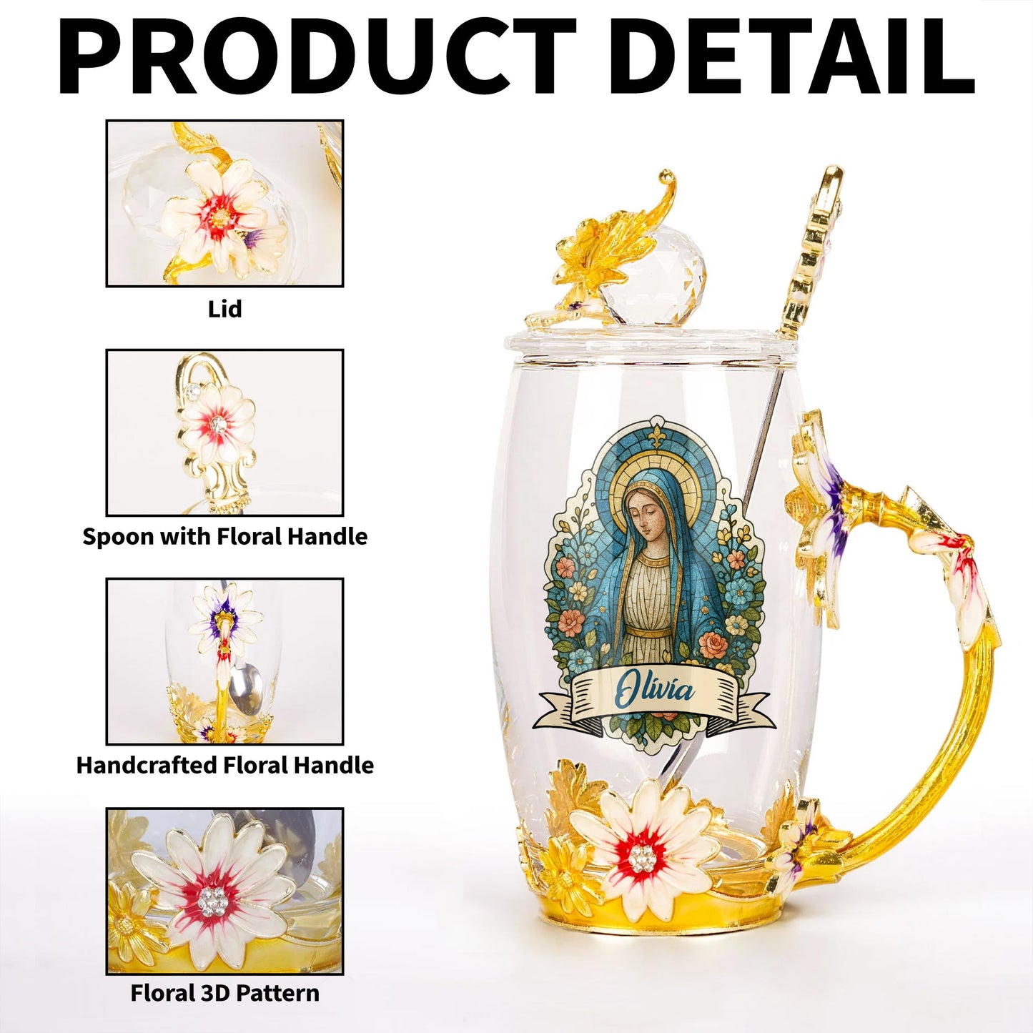Beautiful Personalized Enamel Flower Tea Cup Featuring Virgin Mary and Floral Design