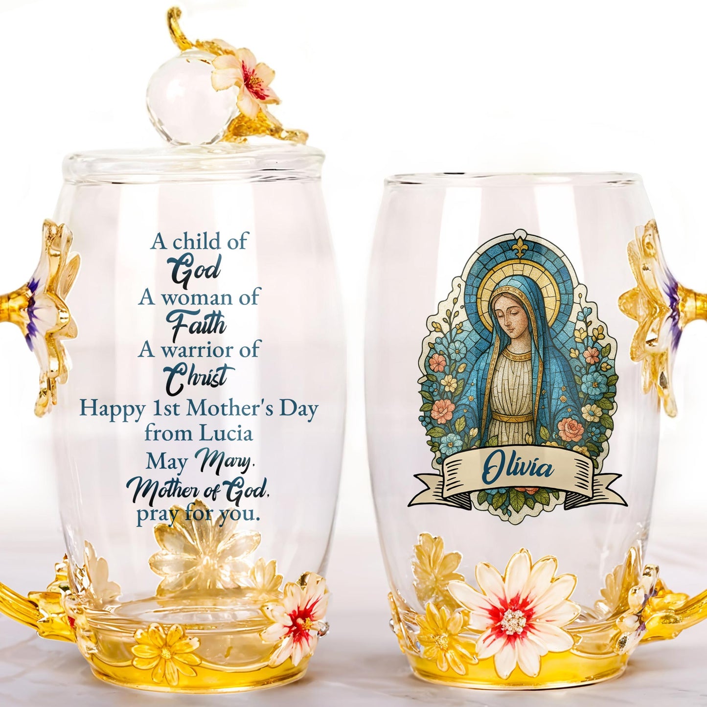 Beautiful Personalized Enamel Flower Tea Cup Featuring Virgin Mary and Floral Design