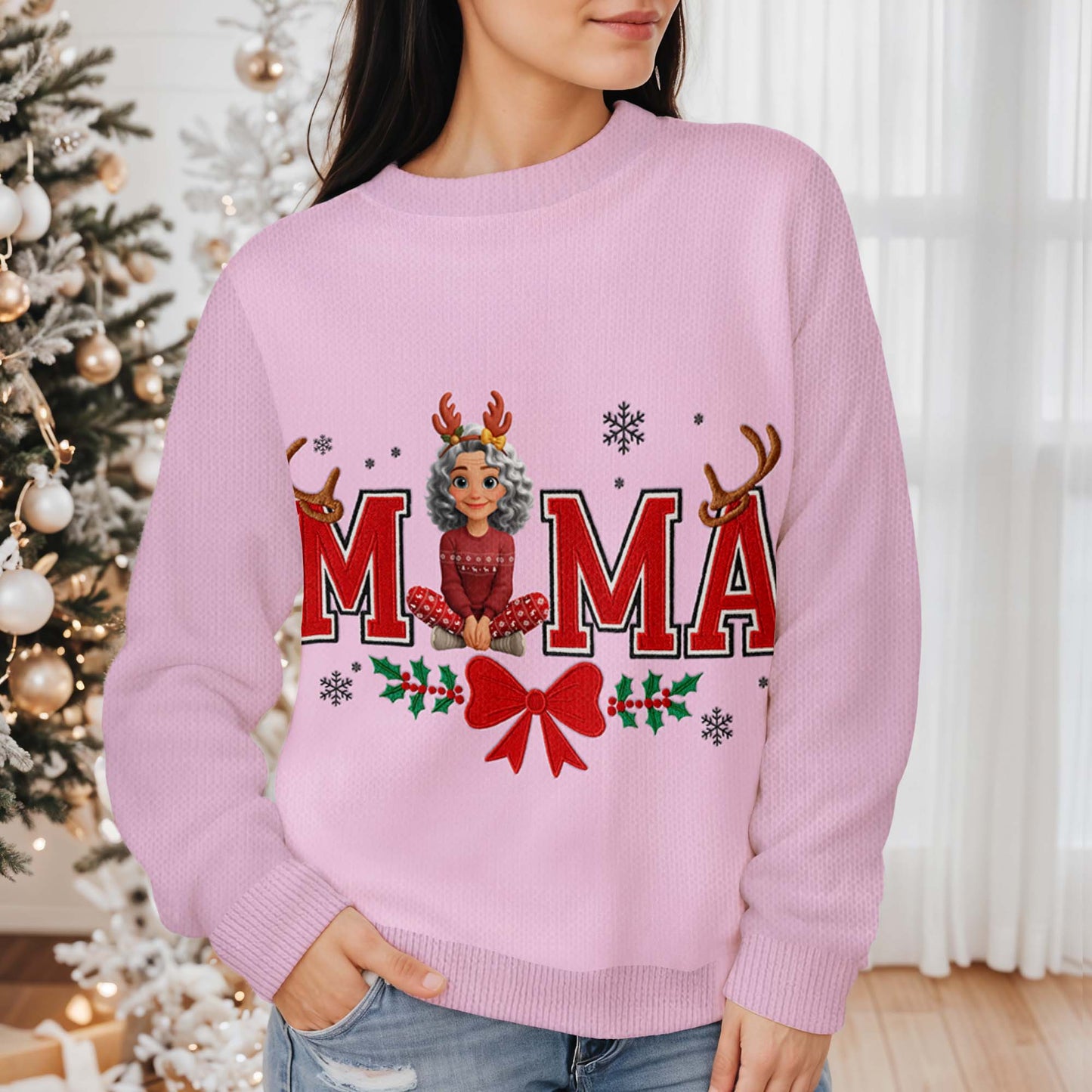 Mama Christmas Sweater With Holly and Reindeer Antlers
