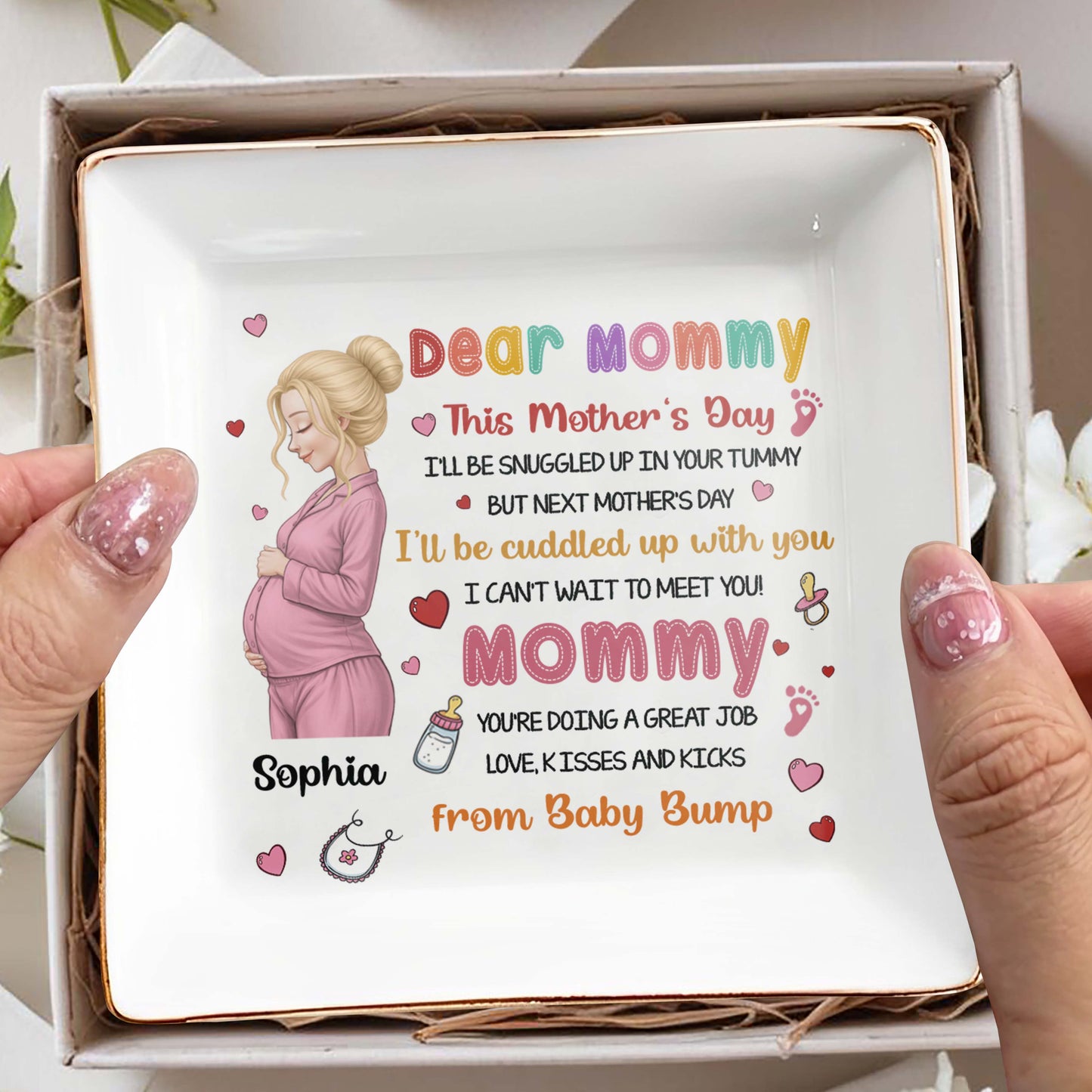 Dear Mommy From Baby Bump Personalized Pregnant Woman Hearts Footprints - Personalized Custom Jewelry Dish, Square Ceramic Dish - MOM327_SCRD