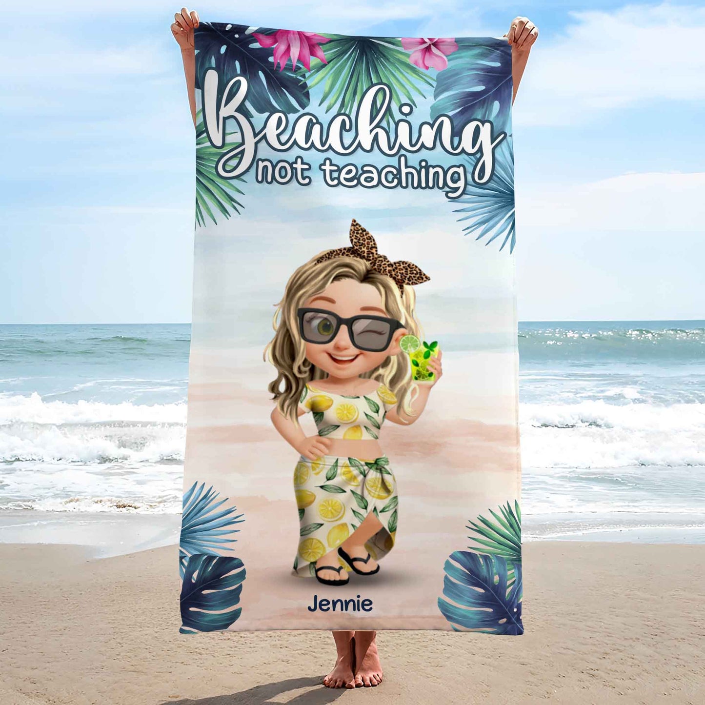 Plage, pas enseignement, palmiers, fleurs – Serviette de plage personnalisée – TEACH006_BETO