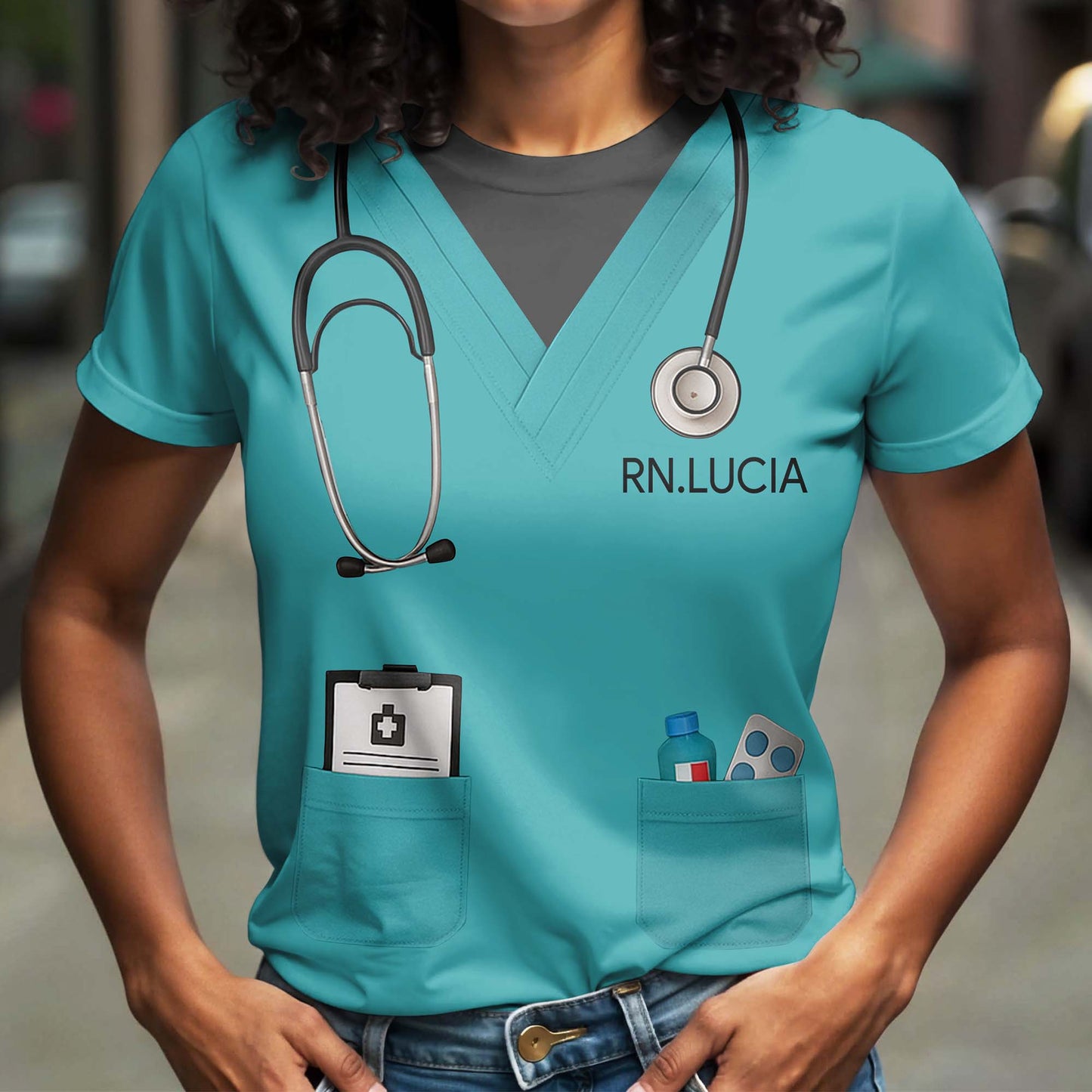Customizable Nursing Themed T-Shirt With Stethoscope and Medical Badge
