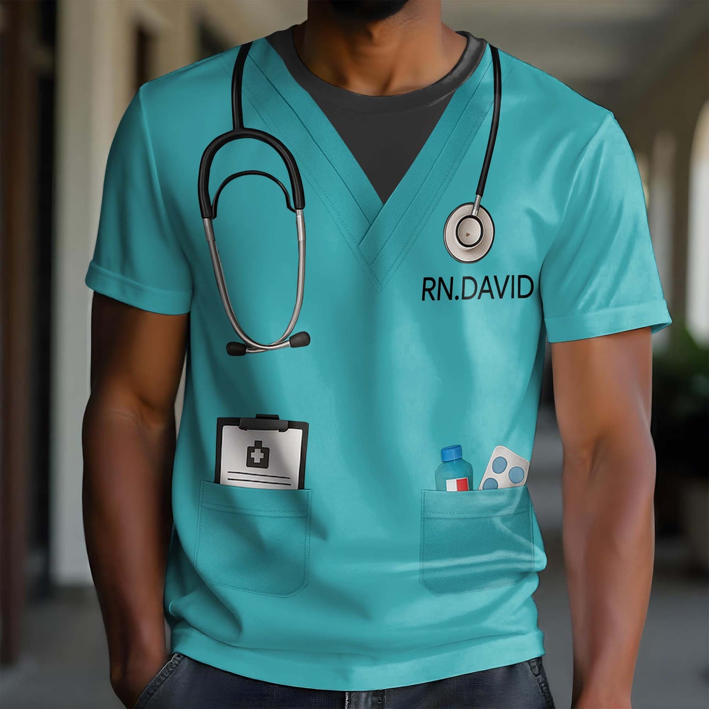 Customizable Nursing Themed T-Shirt With Stethoscope and Medical Badge