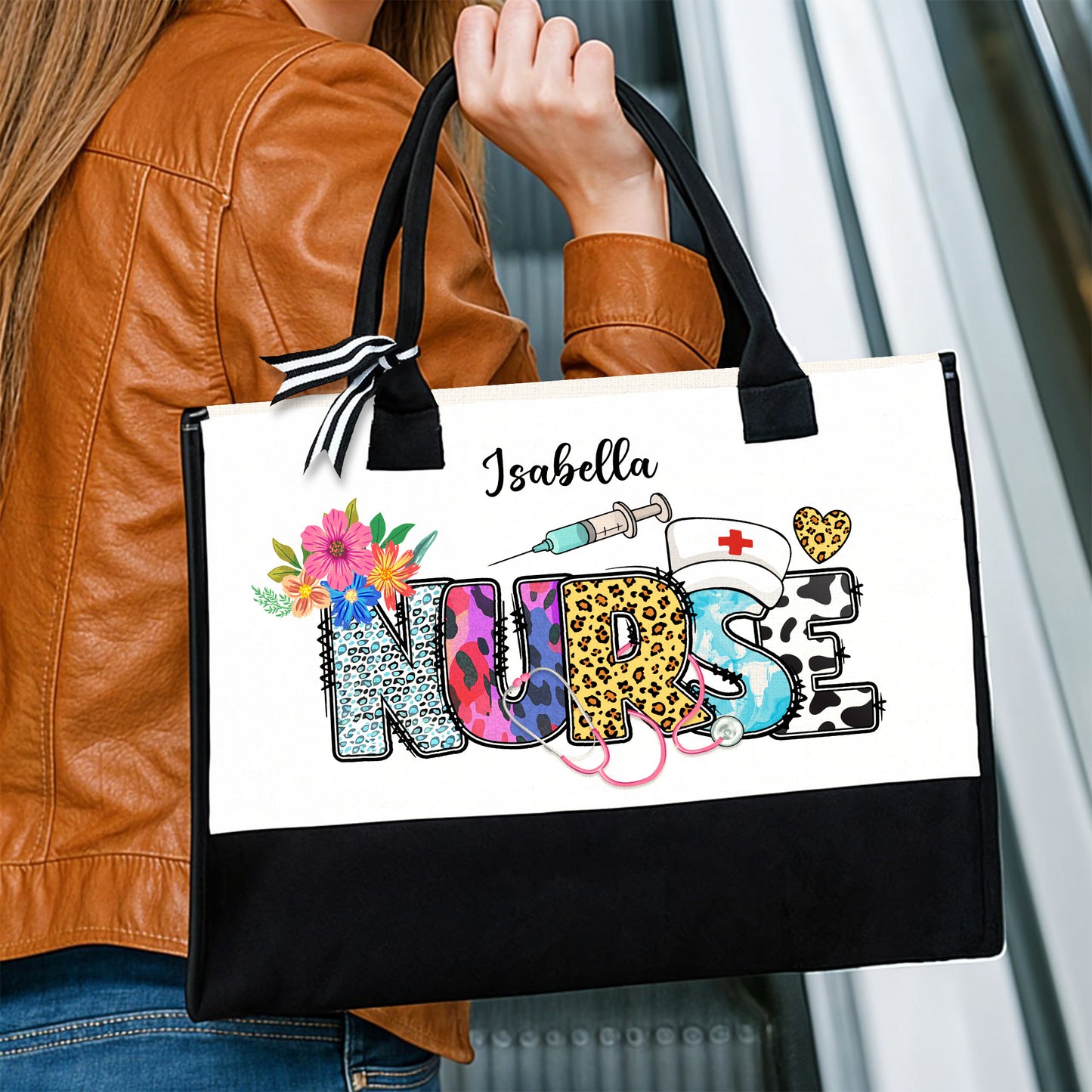 Nurse Artistic Design Tote With Flowers, Medical Symbols