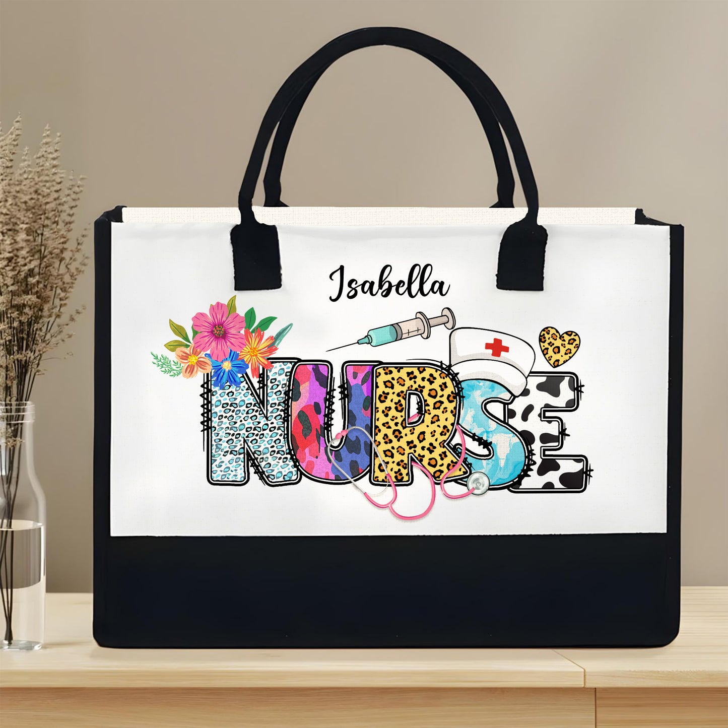 Nurse Artistic Design Tote With Flowers, Medical Symbols