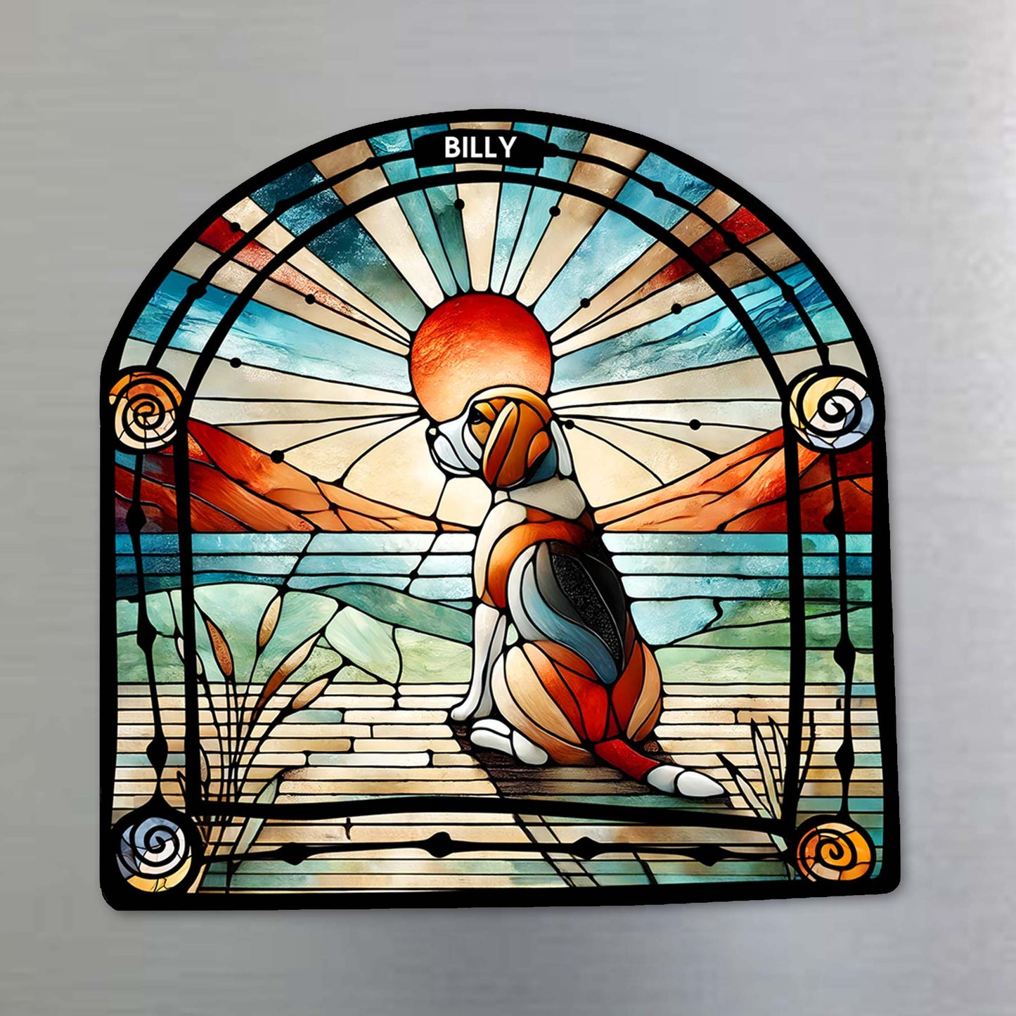 Aimant de réfrigérateur personnalisé « Veille sur notre maison » en vitrail avec motif de chien - PET032_MAGN