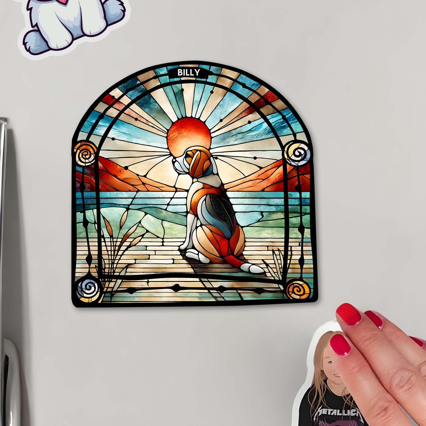 Aimant de réfrigérateur personnalisé « Veille sur notre maison » en vitrail avec motif de chien - PET032_MAGN